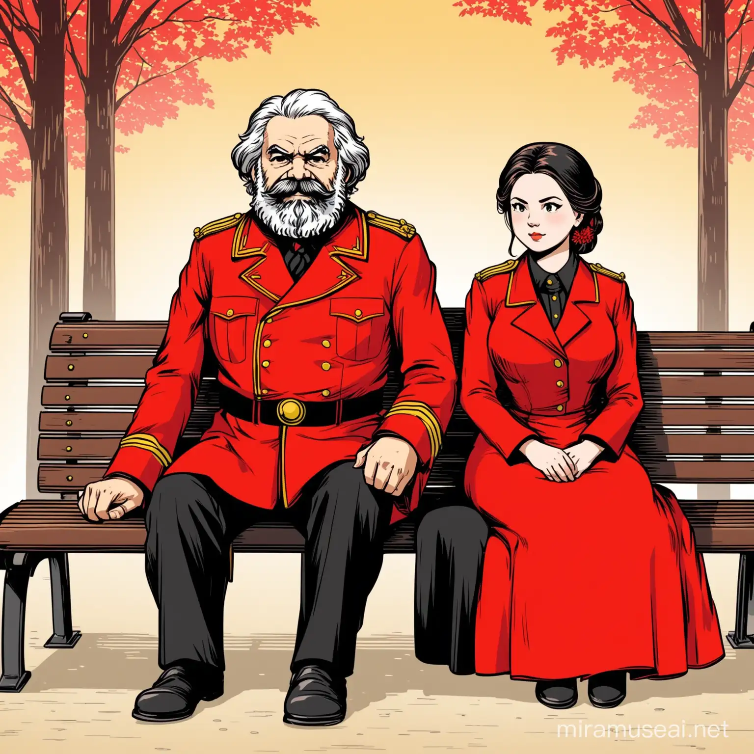 karl marx dressed in black and a woman dressed in a red jacket and Stalin, all 3 sitting on a bench color cartoon