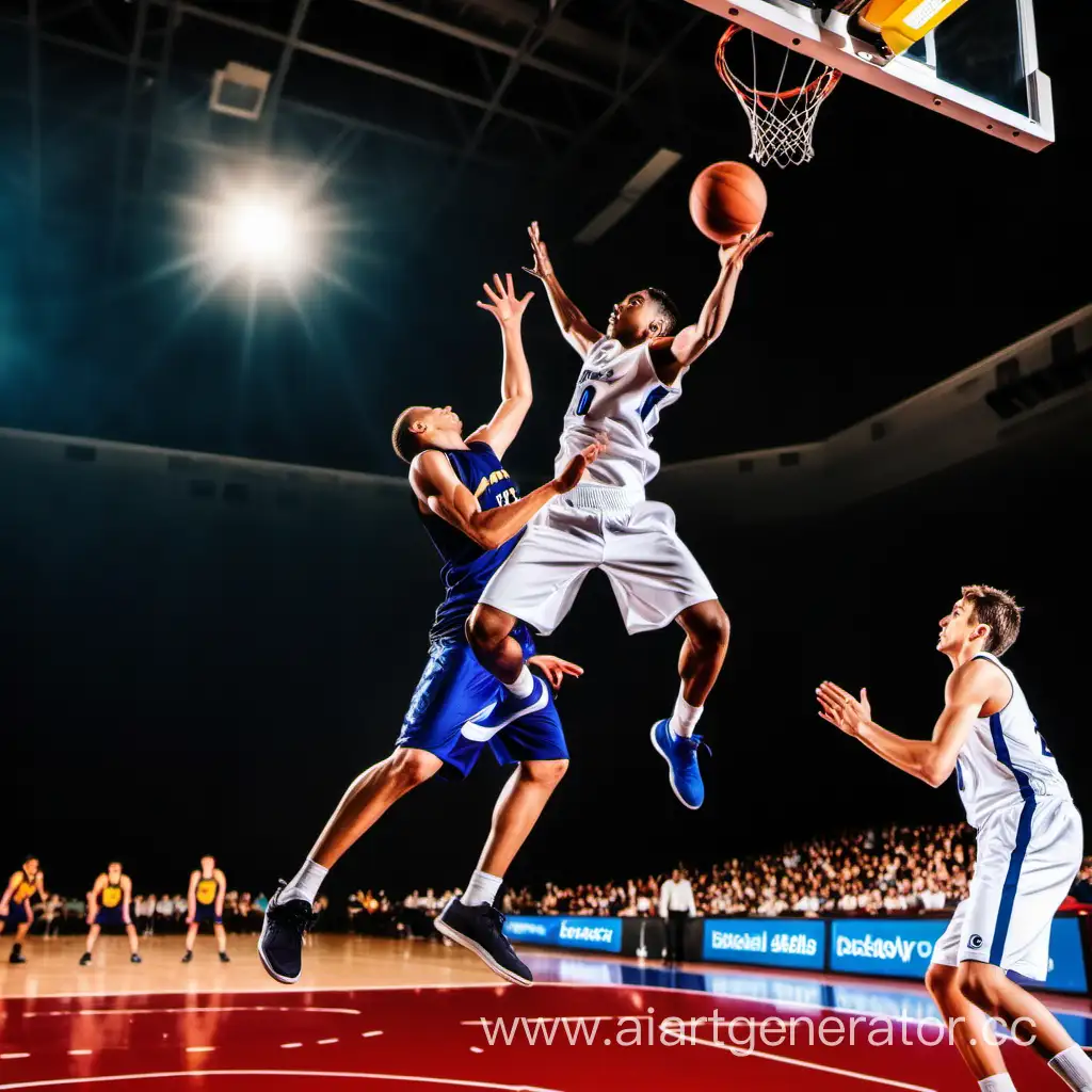 баскетболист пытается забрать мяч у соперника в прыжке
