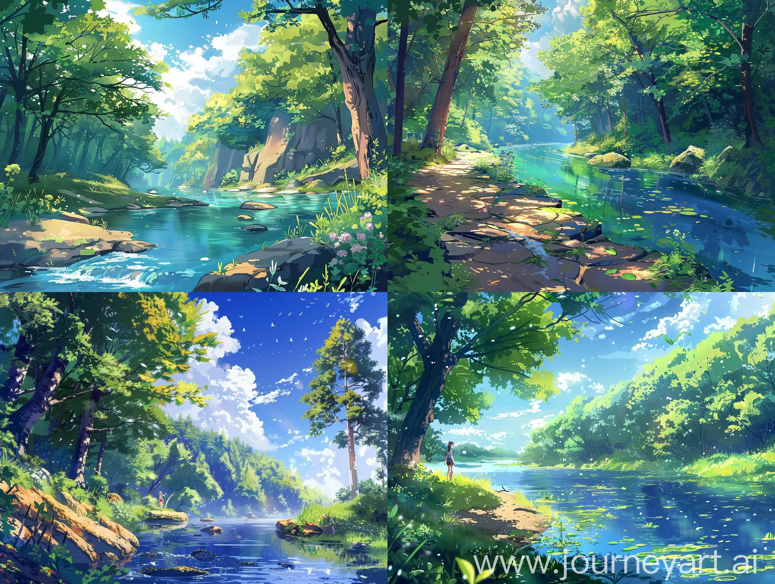 Beautiful anime style,genshin impact style,mix of studio ghibli style,in the woods,river,summers