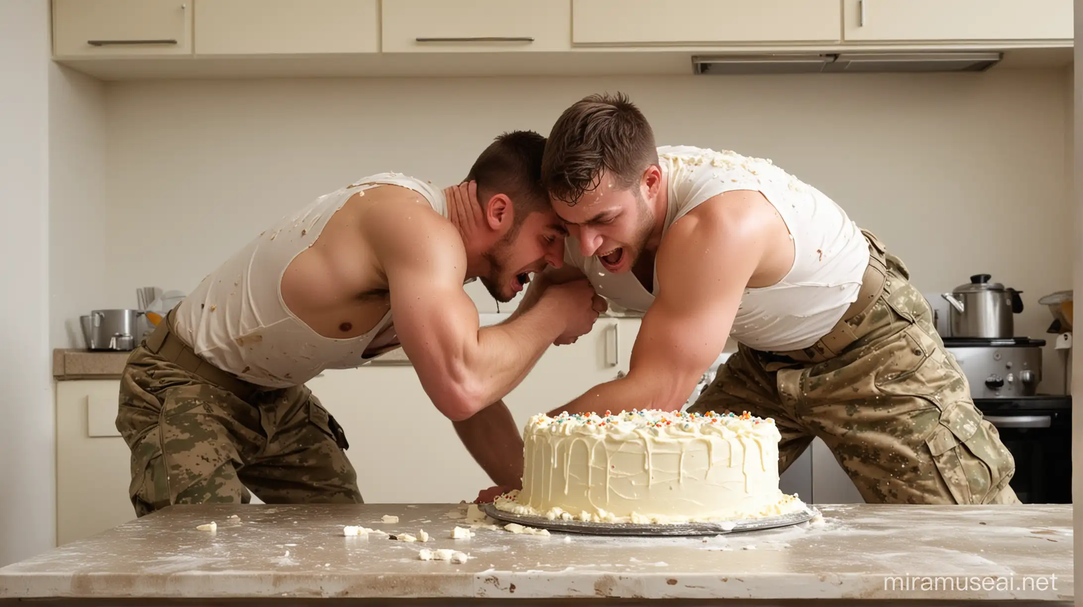 white men, two uniformed soldier wrestling and fighting, gay, cake fighting, body crushes the cake, the ass crushes the cake, in kitchen, impacts cake, hits cake, cake in ruin, face in cake, atractive face, wet dirty, uniform covered in cake and cream, fighting and wrestling, fist fight, pressing your face into the cake and cream, trampling the cake, back on the cake, back pocket, cake violence,