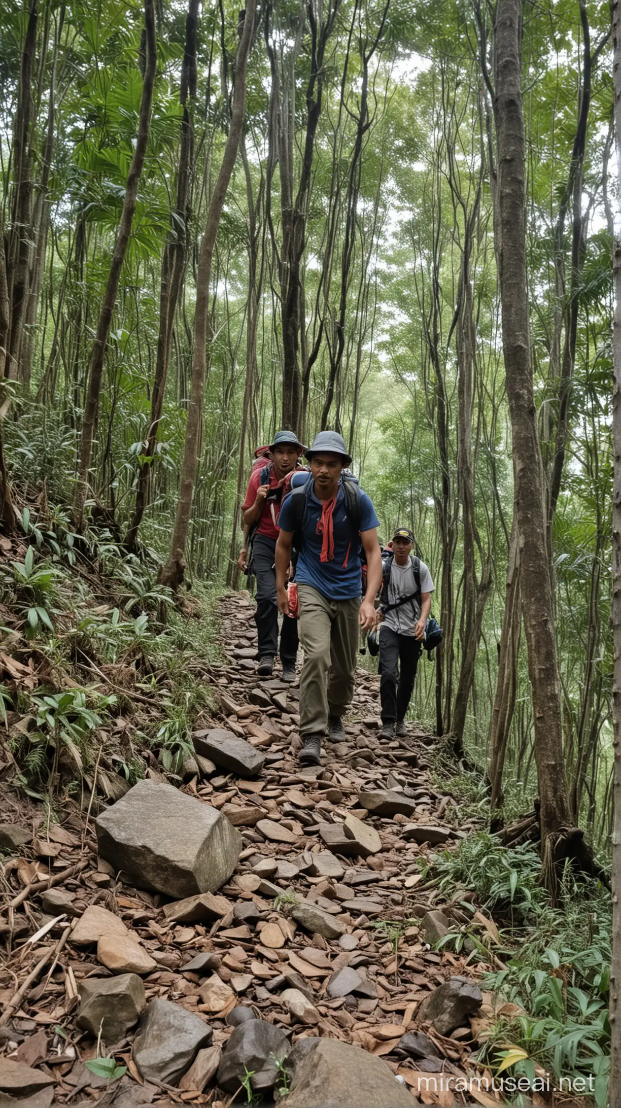Hikers Navigating Dense Mount Salak Forest with Cautious Expressions