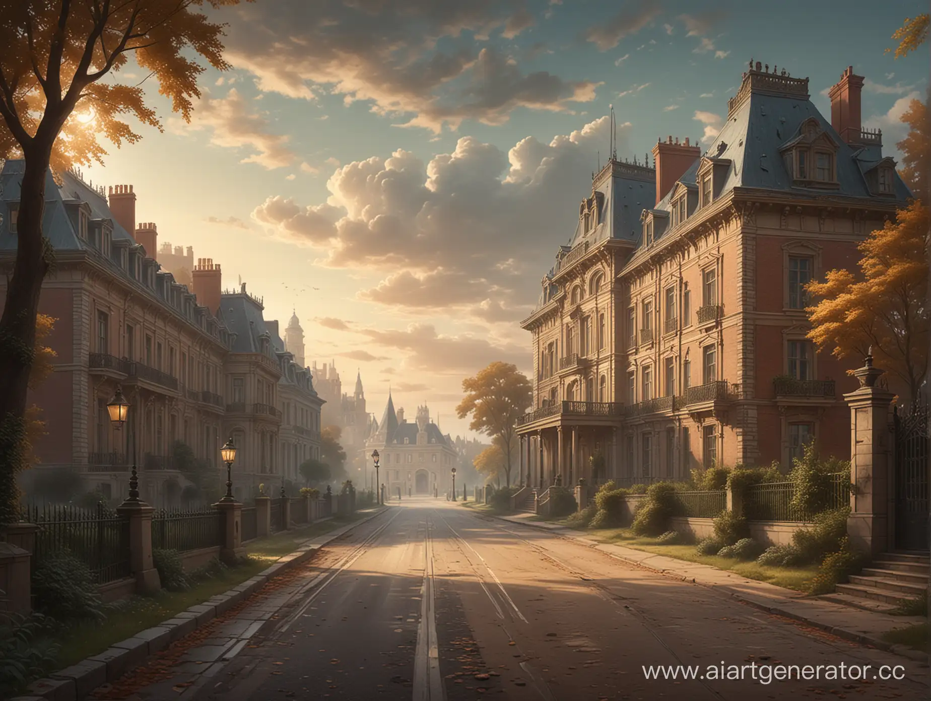 An illustration that conveys the atmosphere of 19th century using elements of such an era. The image should depict a road and a mansion in a luxurious style typical of that time.