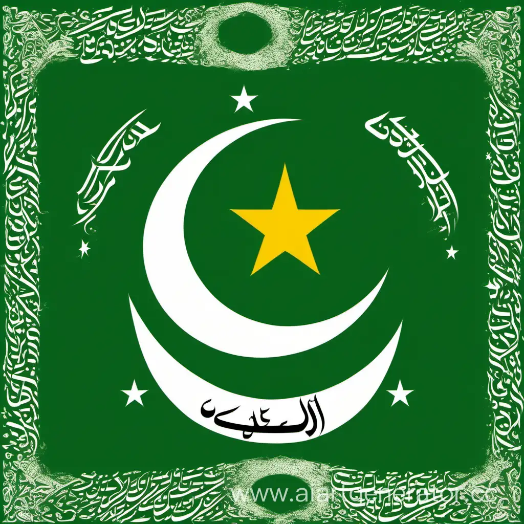Флаг арабского государства с полумесяцем и взрывом на зелёном фоне и надписями на арабском
