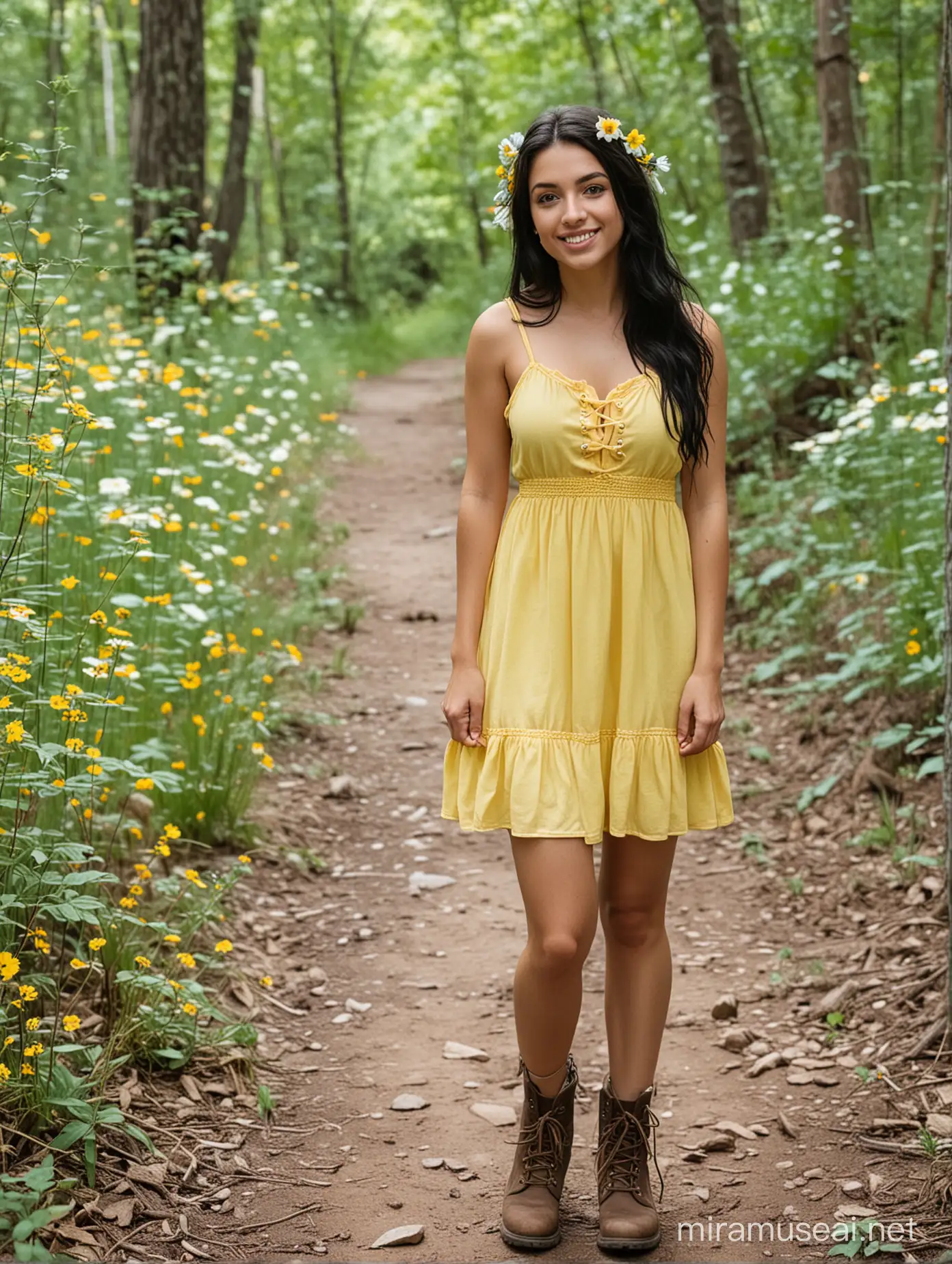 short girl with long black hair and hazel eyes, wearing a short light yellow sundress, flowers in her hair, wearing hiking boots, standing on a forest trail, 