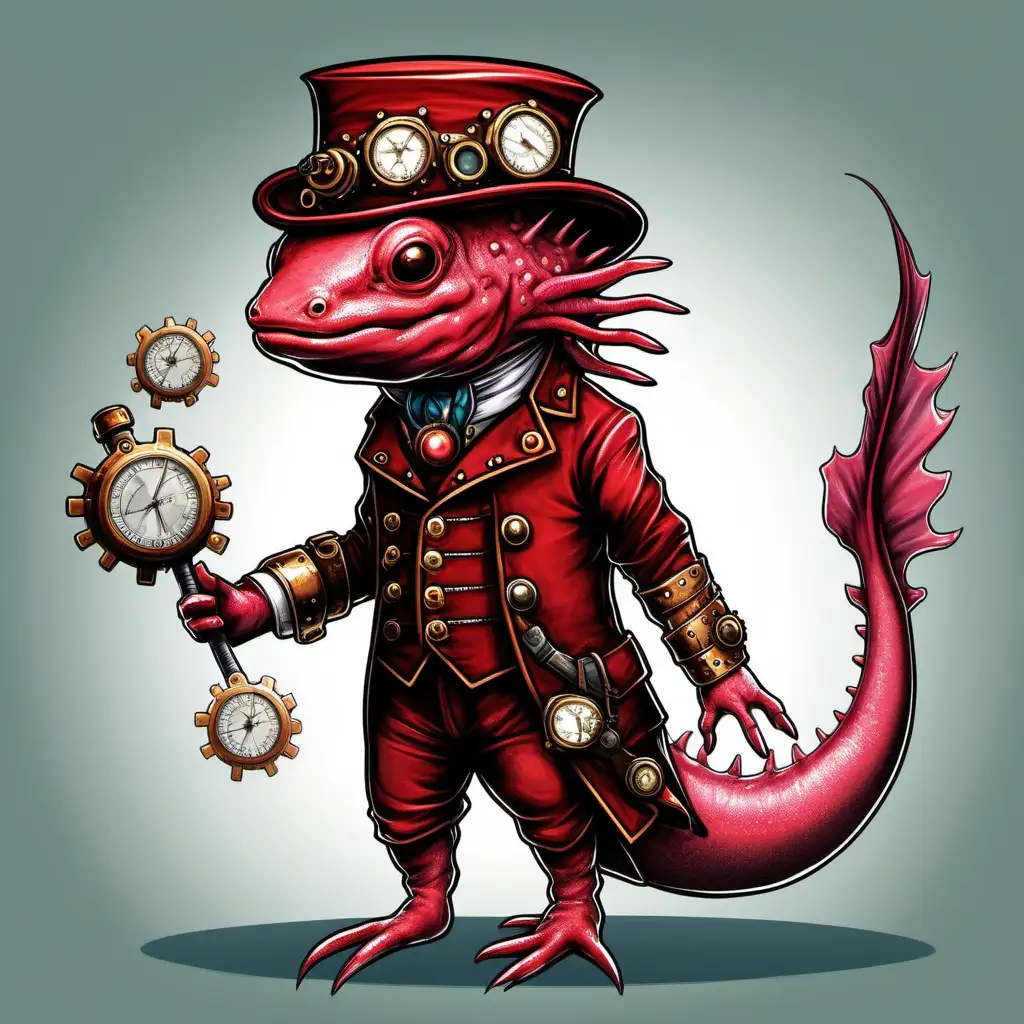 a axeloti for a board game, steam punk theme, red skin, full body