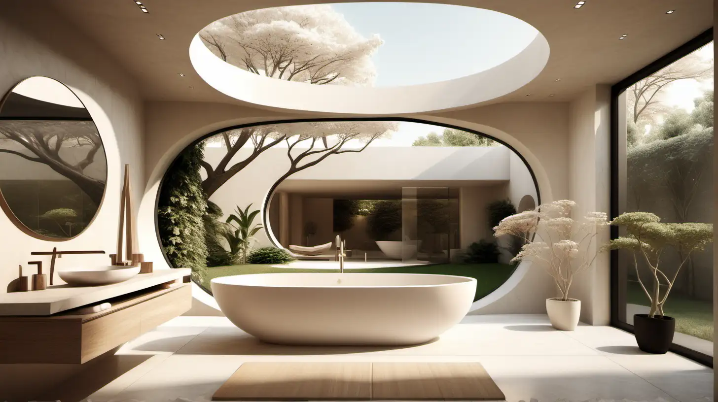 Imagine and organic minimalist futuristic bathroom with double height ceilings; curves; plaster; ivory; beige; blonde oak; beautiful garden view through the window;