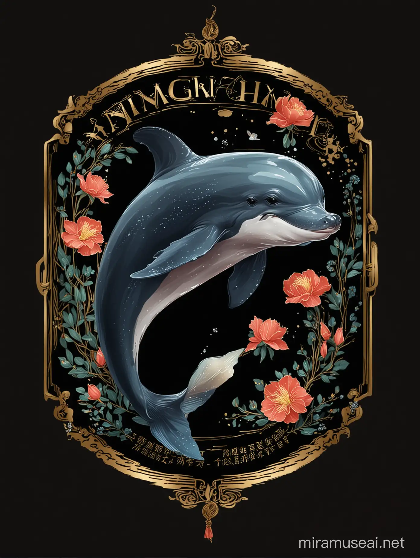 Create an artistic design for the text 'Charm of YANGTZE FINLESS PORPOISE' with black background