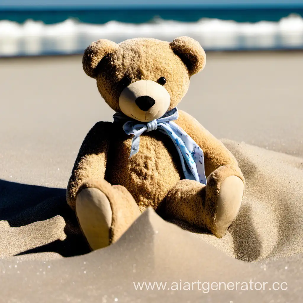 Teddy-Bear-Relaxing-in-Beach-Sand-by-the-Ocean-Shore