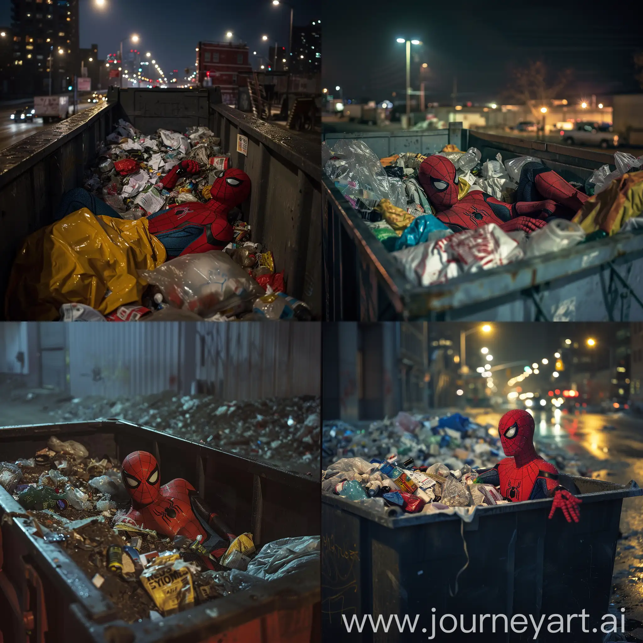 Spiderman-Sleeping-in-Dumpster-at-Night