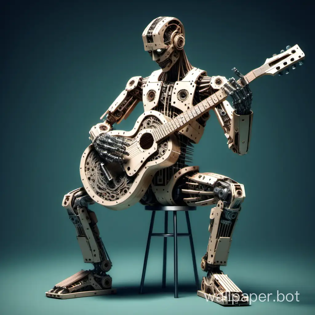 Mechanical man playing on his guitar made with code