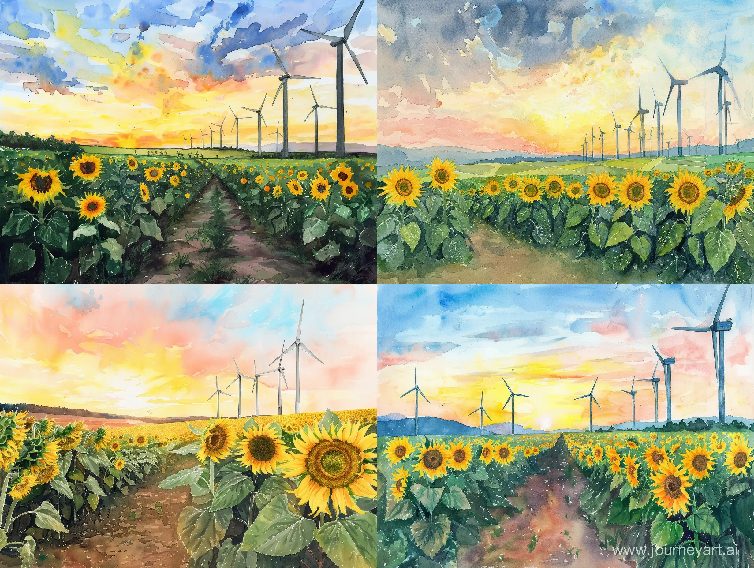 Sunflower-Field-with-Wind-Turbines-under-a-Cloudless-Sunset-Sky-Watercolor-Style-by-Nicholas-Roerich