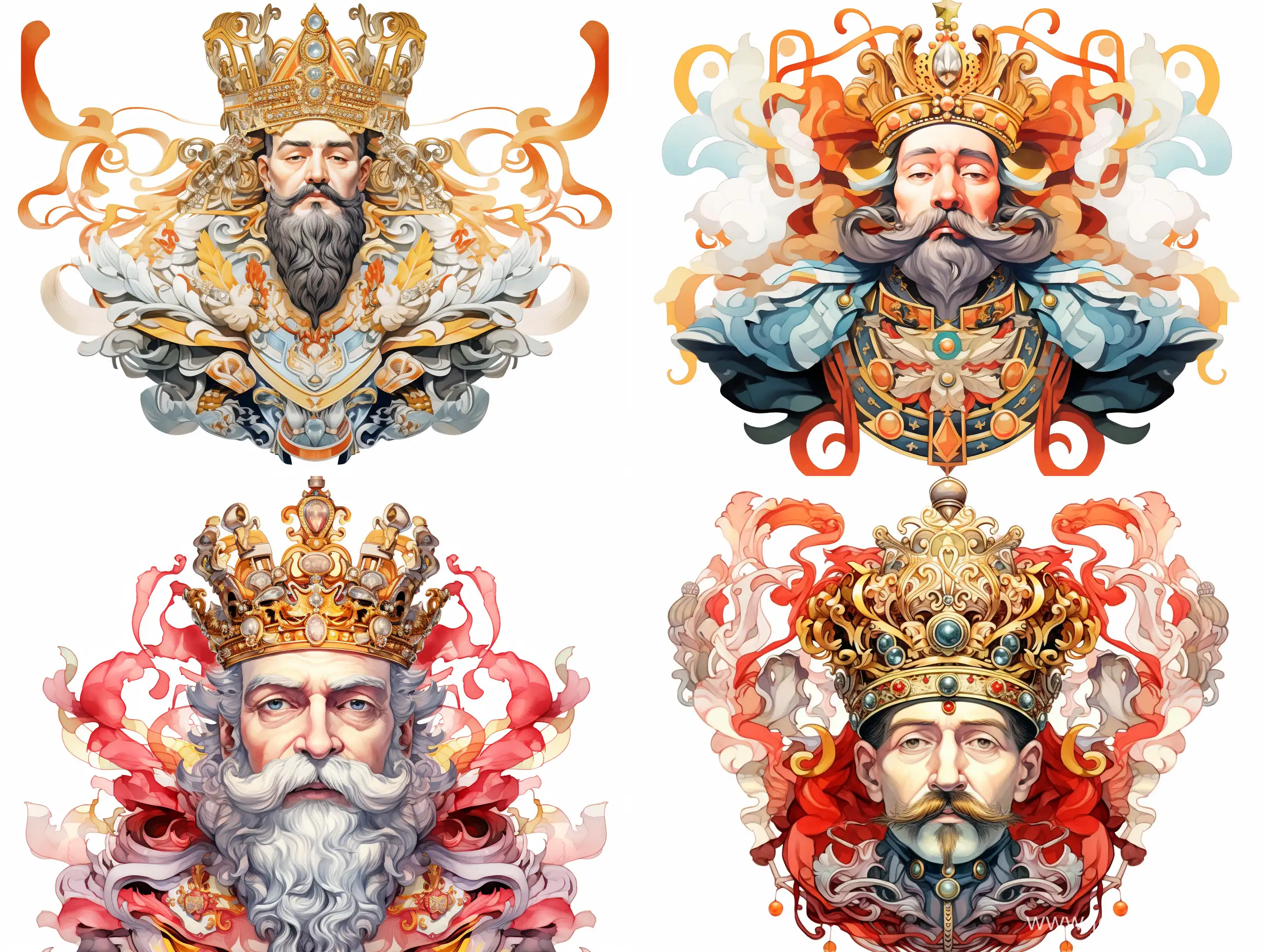 ornamental waist portrait of the ancient rich king of Austria, reflected vertically, stylized caricature, many details, on a white background, Victor Ngai style, watercolor, decorative, flat drawing