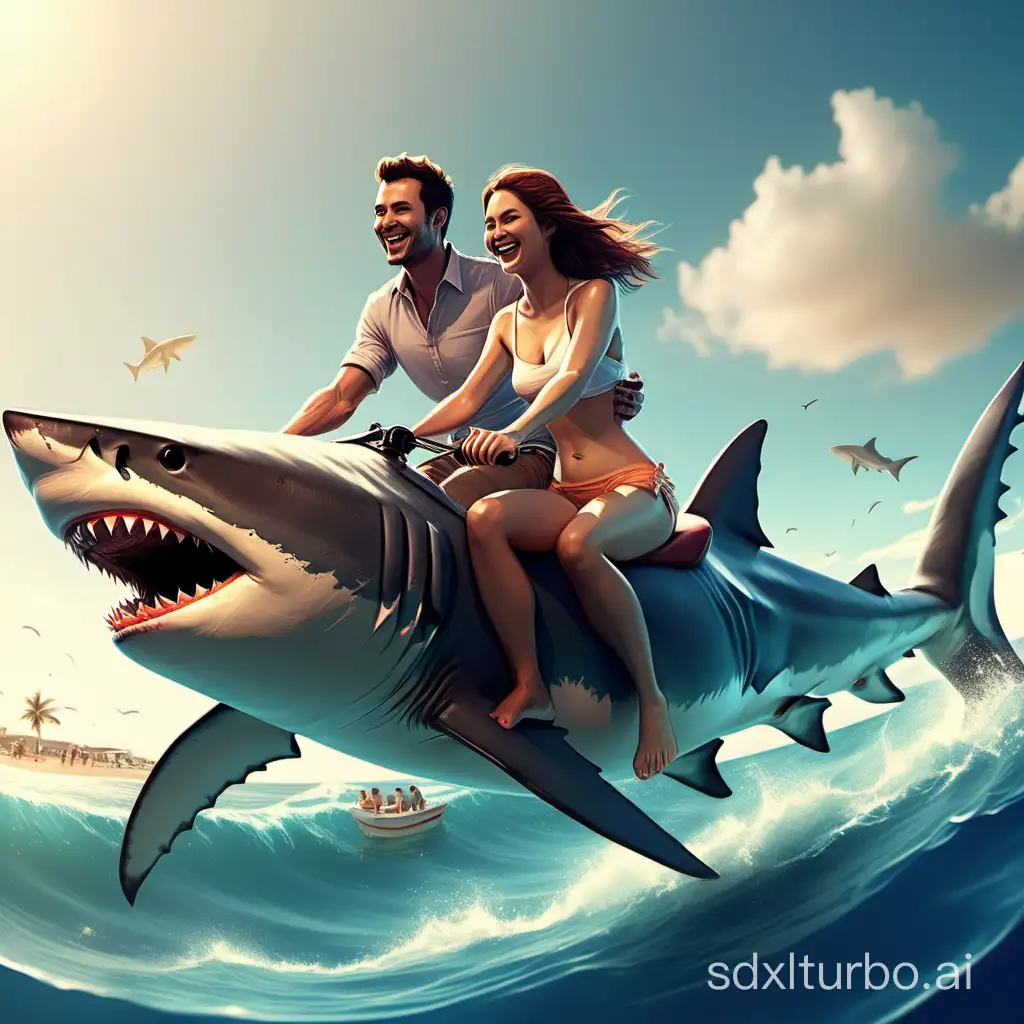 a woman and man couple riding on a shark in the sea at the beach, all happy, tender shark smiling, many details, detailed faces, realistic digital illustration, happy atmosphere, happiness, daylighting, warm colors, full hd 4k, great general shot