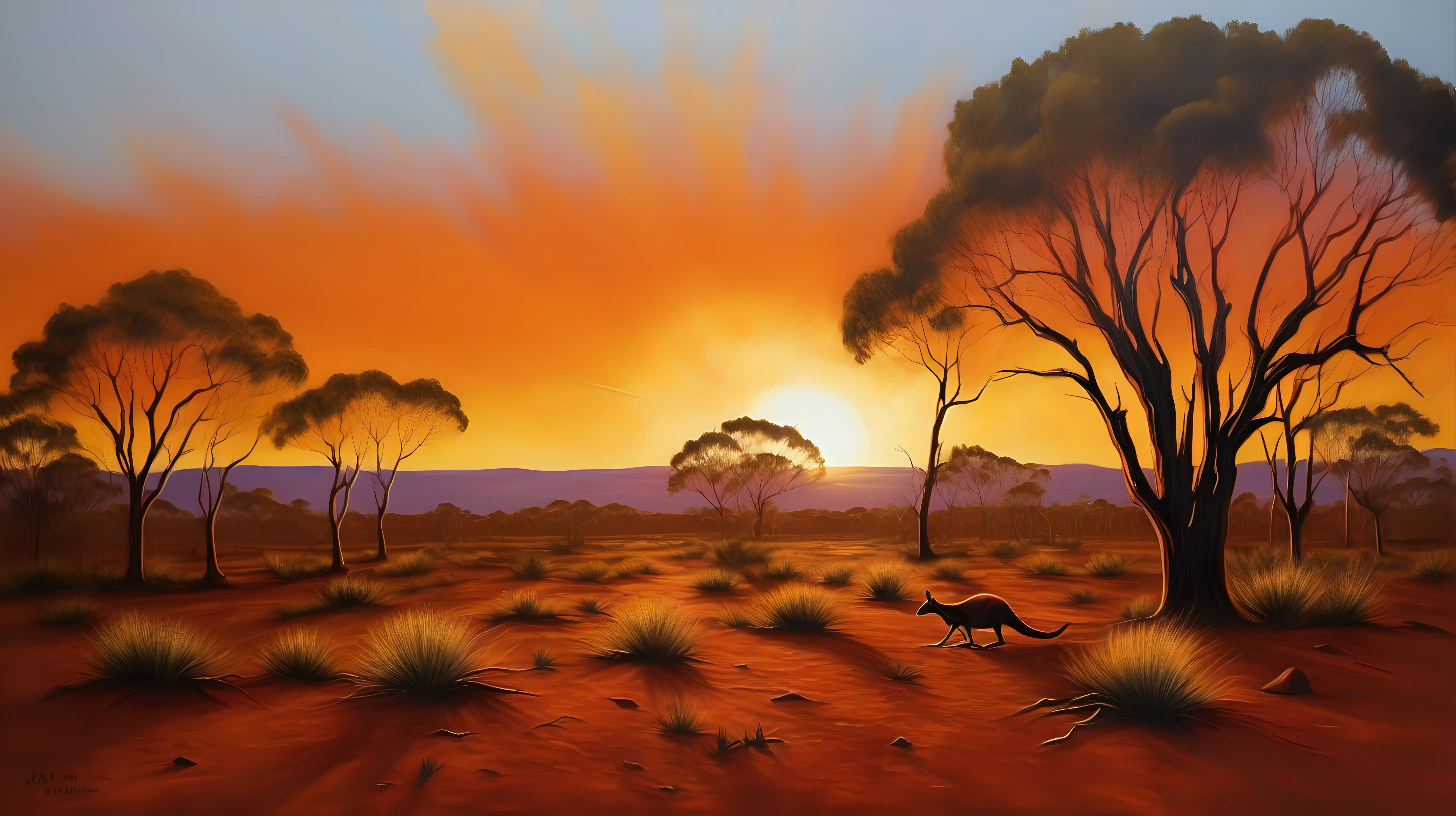 Create an oil painting of the Australian outback, capturing the essence of its vast, rugged landscape under a brilliant sunset. The scene should be filled with the iconic red soil, sparse greenery, including the distinctive shapes of Eucalyptus trees scattered across the horizon. In the distance, the silhouette of a lone kangaroo should be visible against the backdrop of a setting sun, which bathes the scene in a warm, golden light. The painting should convey the tranquility and isolation of the outback, with broad, sweeping brushstrokes to emulate—v5