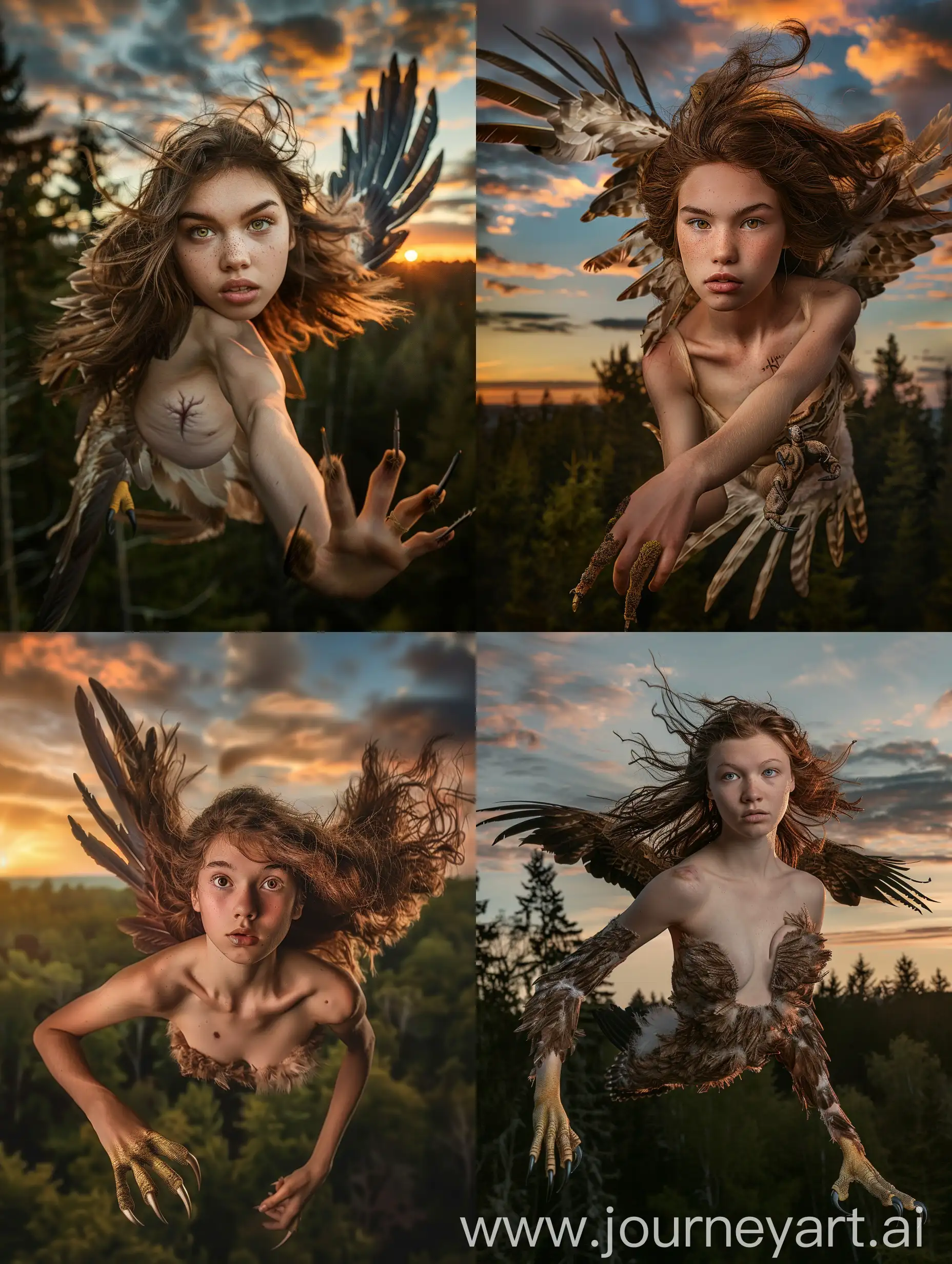 A young woman with loose brown hair, who has been transformed into an eagle. She has loose brown hair and a chest. She has a beak, claws, wings and feathers. She has claws for feet. She has no arms. She is flying over a forest at sunset. Realistic photograph, full body picture