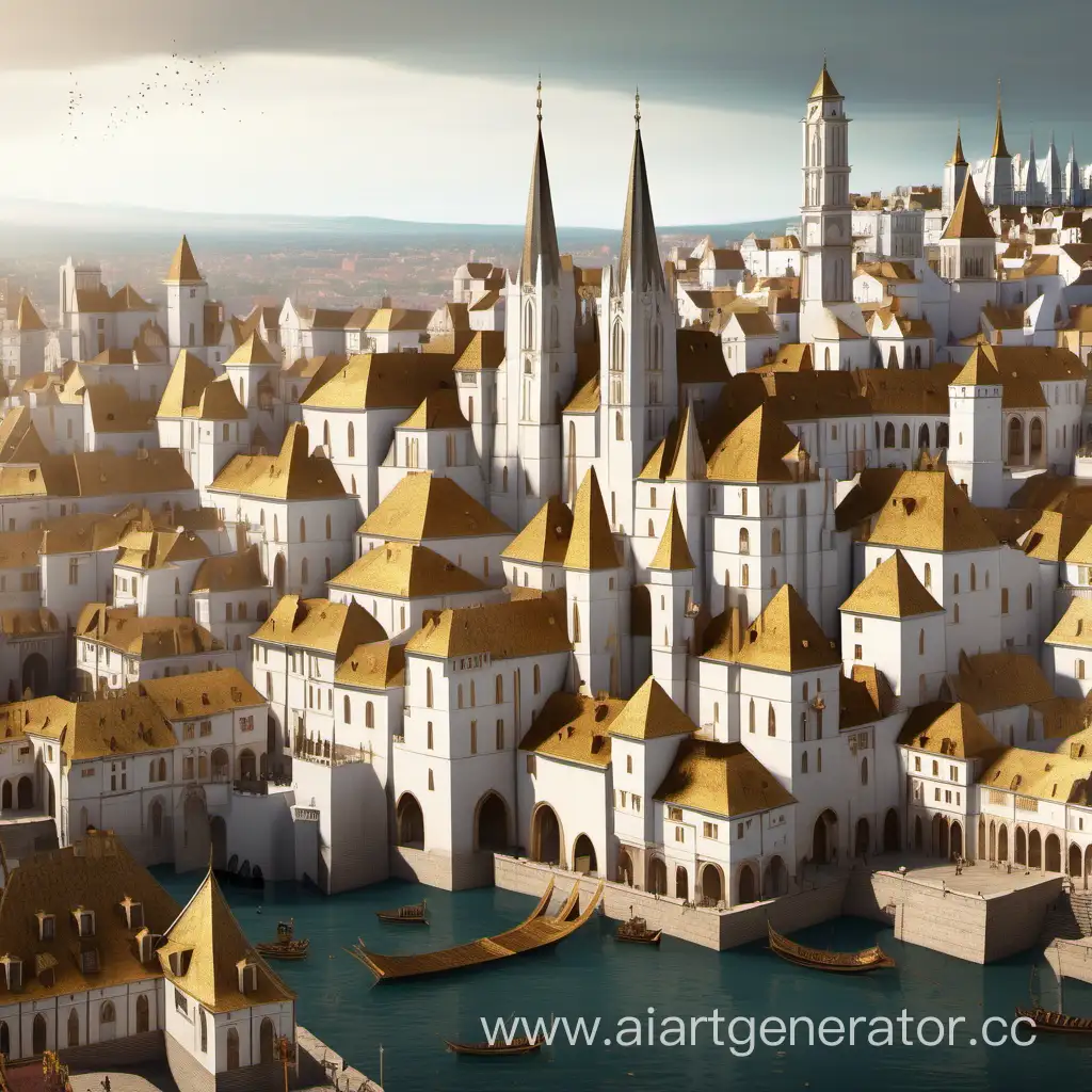 A large medieval city with white houses and golden spires and high walls