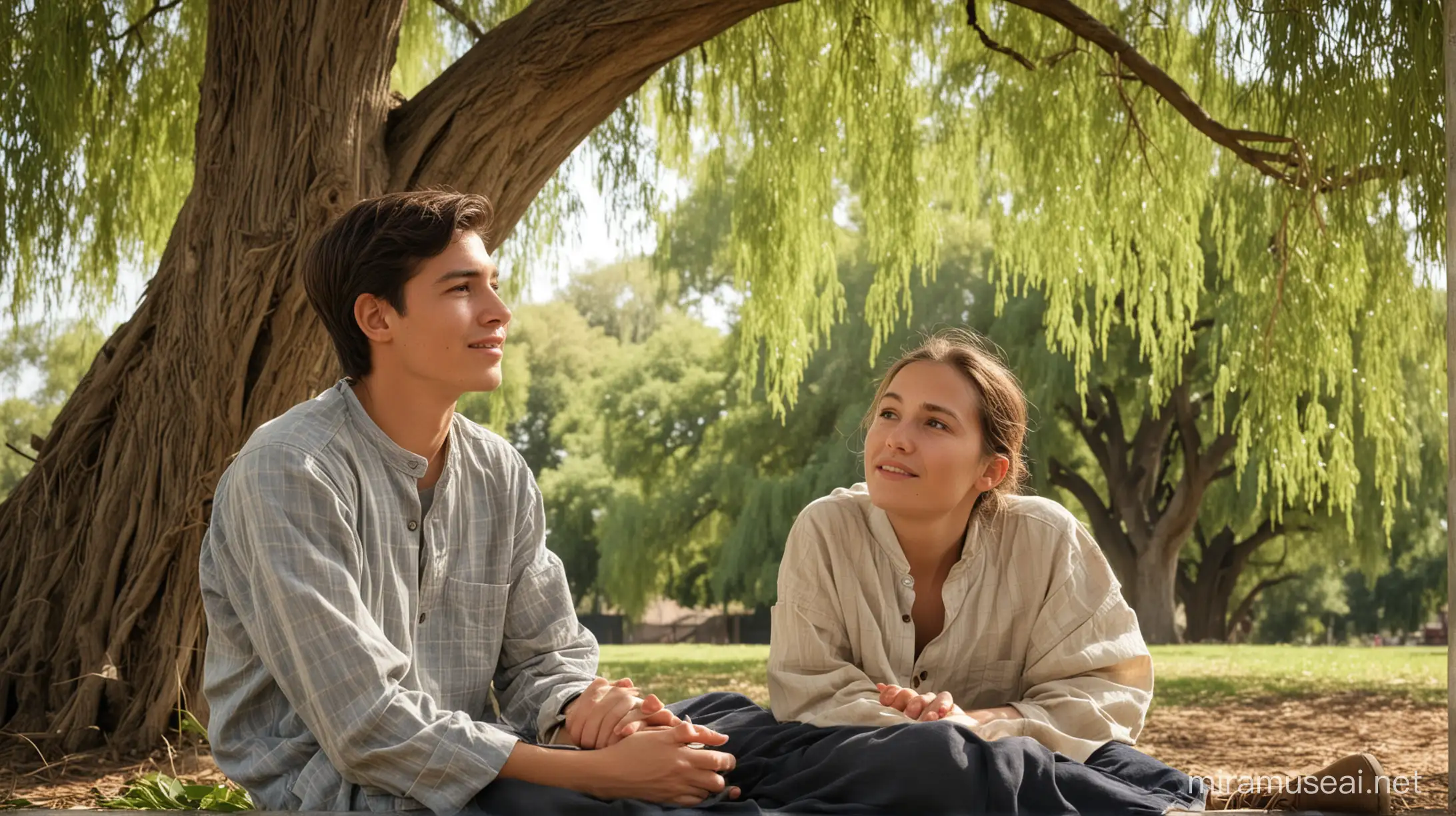Hope and Recognition (Day): lio age 25 years old

Lio sits under the willow tree, listening intently to Hooldy's story.
Hooldy gestures towards the sky with a hopeful expression.
A look of understanding dawns on Lio's face.