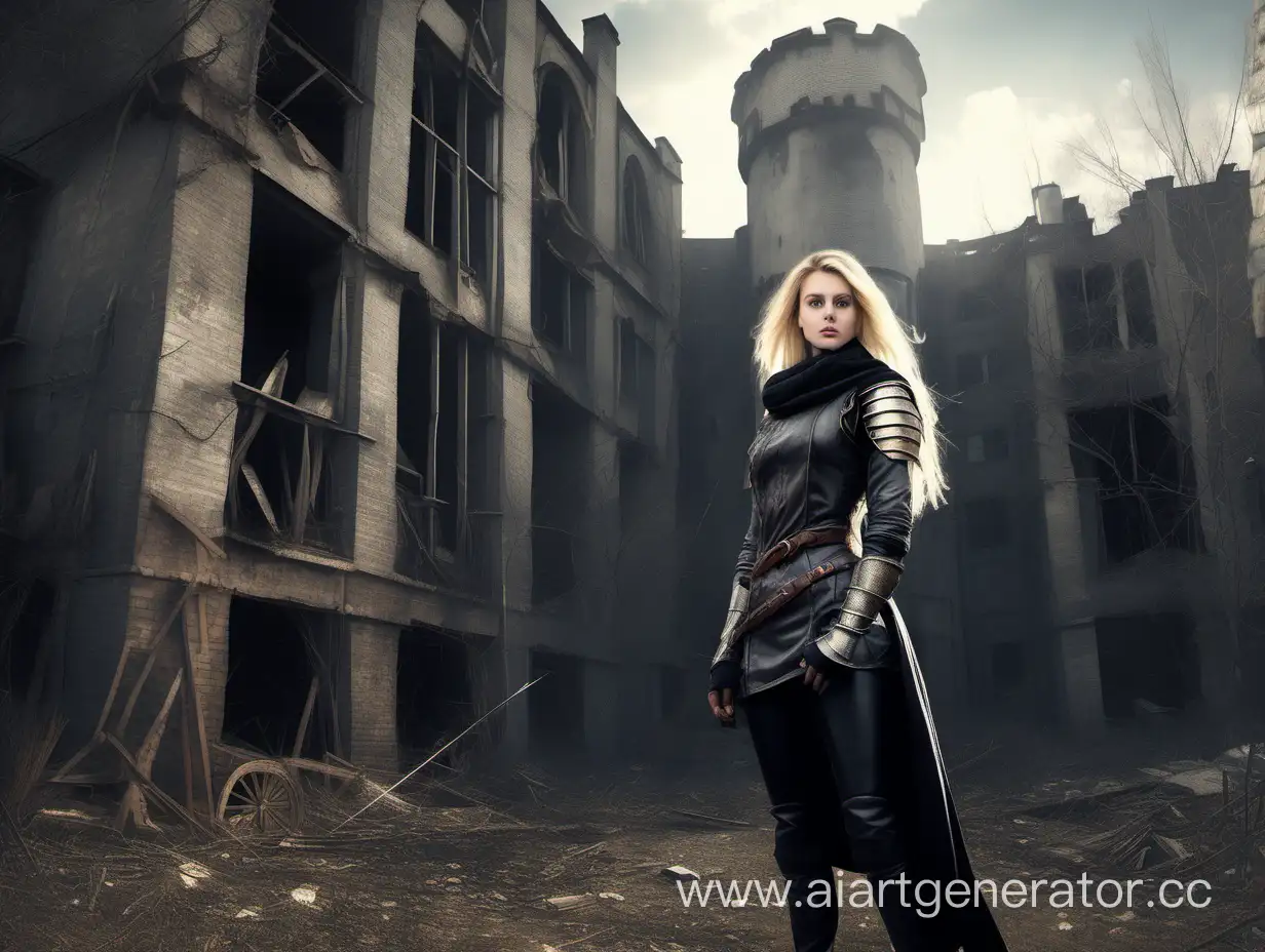 Medieval-Giantess-Blonde-Girl-in-Armor-by-Abandoned-House