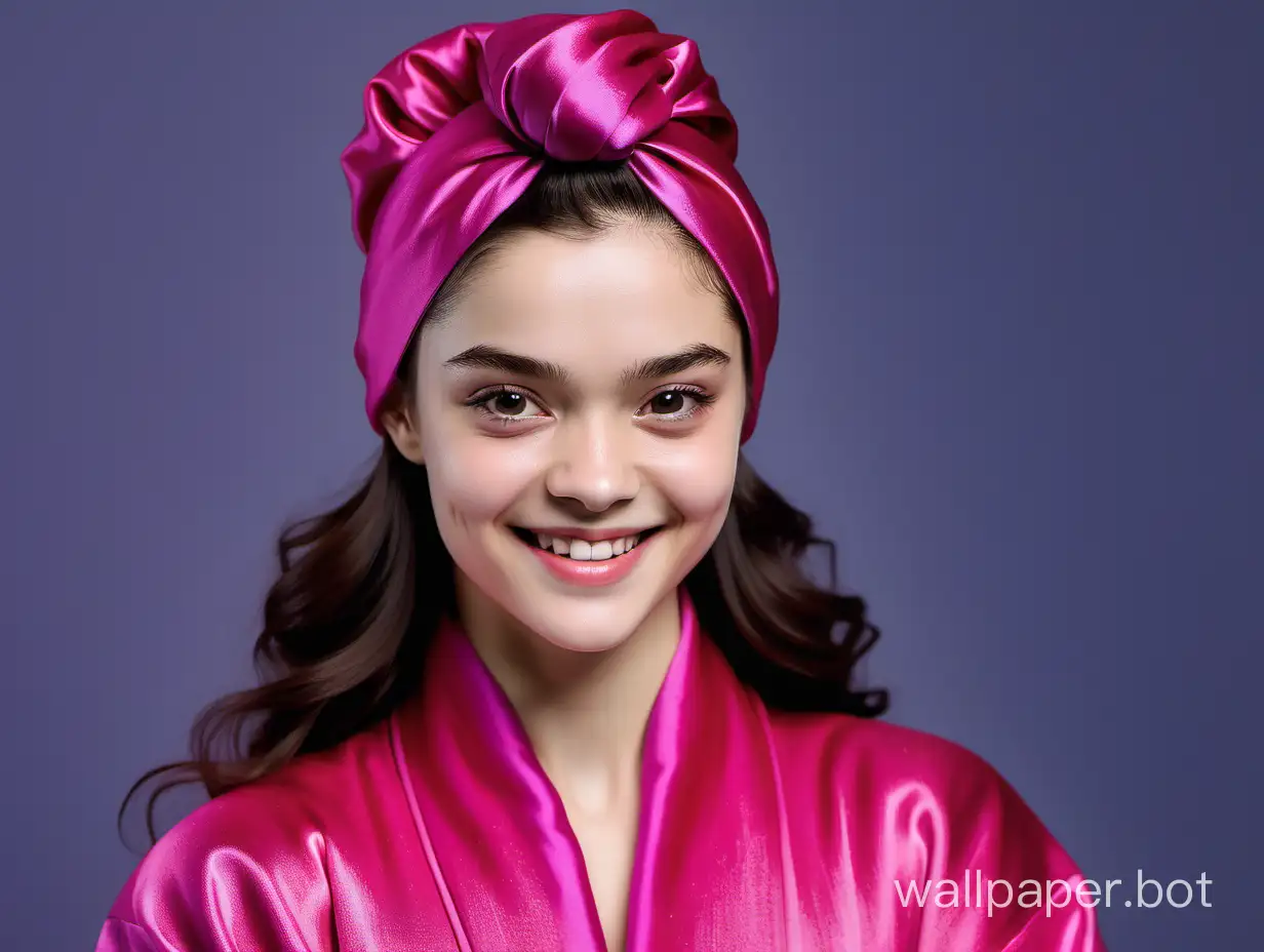 Evgenia Medvedeva smiles beautifully with long hair in a silk robe of fuchsia color with a pink silk towel-turban on her head