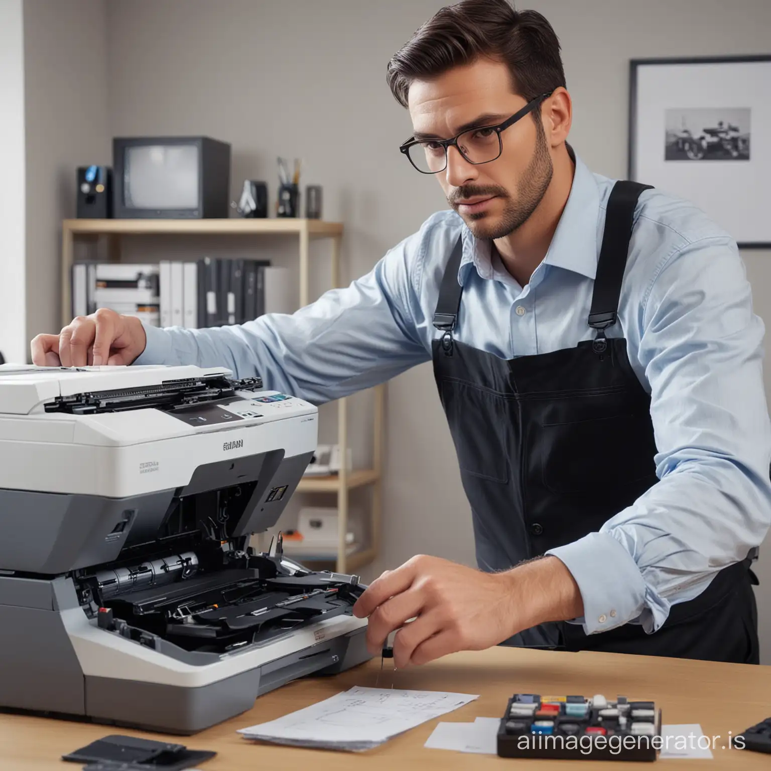create an ultra-realistic cool engineer who repairs the office printer, everything, he succeeds, real photo, 4k