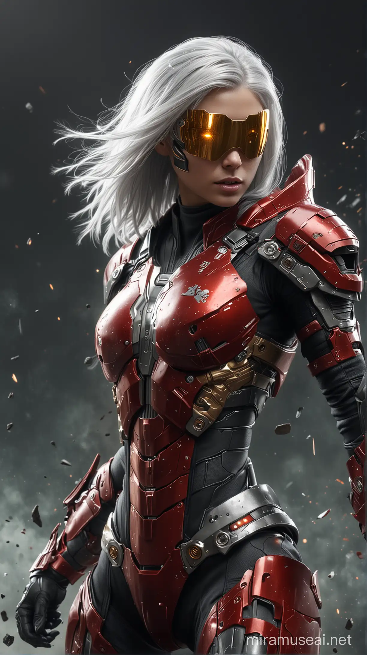 futuristic space warrior in full armor, helmet with visor and silver hair flying through the air, action pose, detailed background, fantasy art style, dark red and light gold, hyperrealistic details, dark gray and black, closeup intensity, high resolution