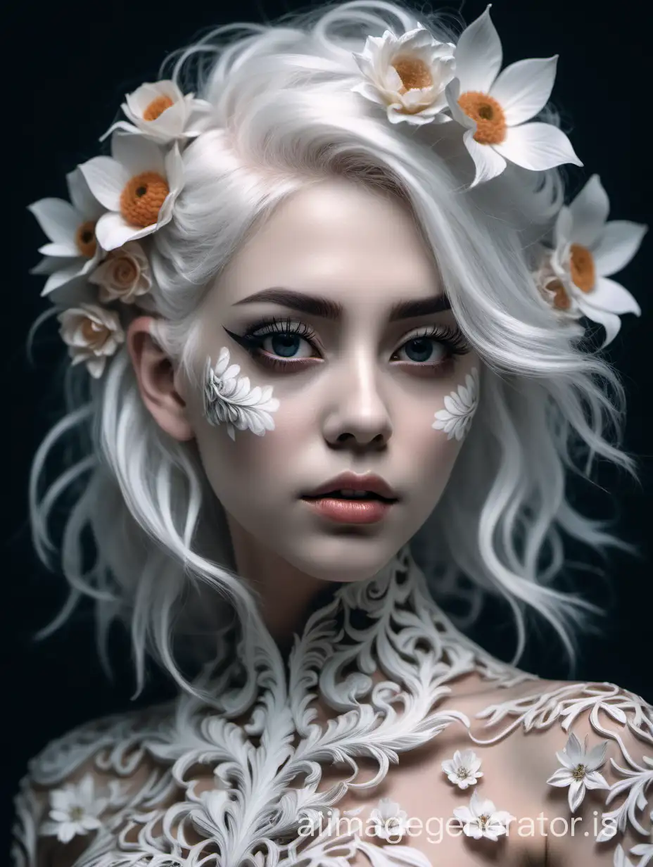 💞

Spring girl, white hair, long eyelashes, clothes made of flowers, complex hairstyle, complex patterns, body art, beautiful sophisticated face, cold look, hyperrealism, horror, professional photo, filigree, exquisite, depth of field, radiance lumens, 32k