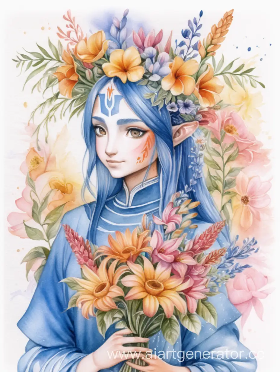 Elegant-Watercolor-Avatar-Holding-a-Detailed-Bouquet-of-Flowers