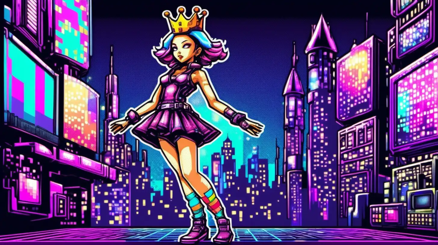 in cartoon, anime style, an image of a colorful, full body, head to toe, in a stand up dancing position, cyberpunk video game dancing Queen with a pixelated crown and an enchanted pixelated castle, 
