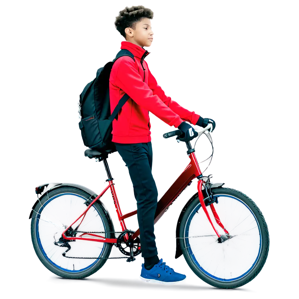 A male Middle School student wearing mostly red and black riding a bicycle