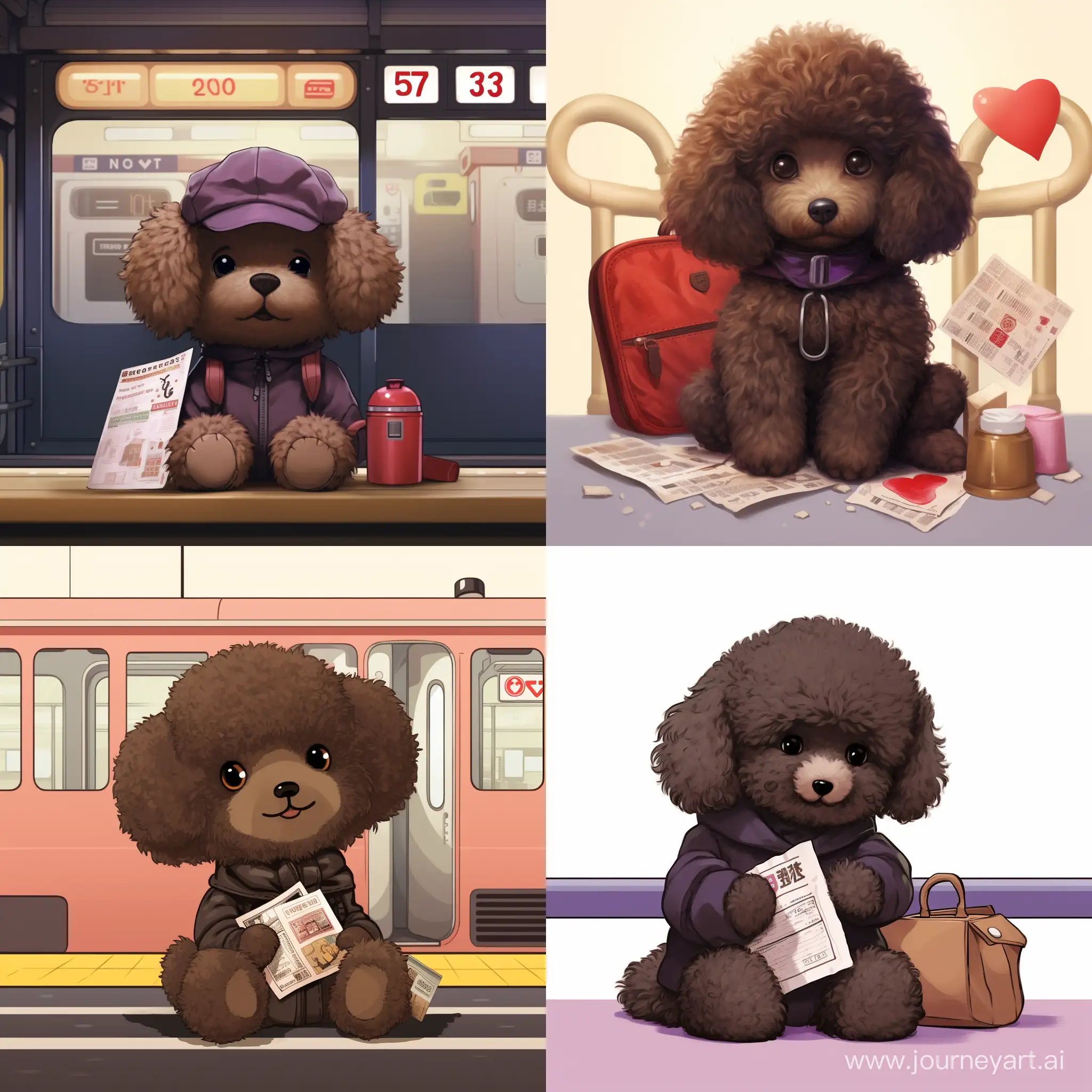 Kawaii-Chocolate-Poodle-Puppy-at-City-Station-with-Train-Ticket
