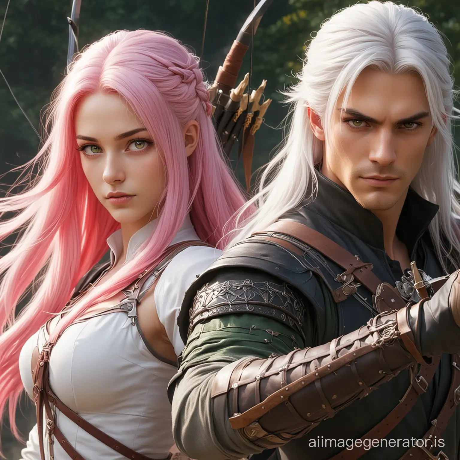 A couple where the female is an archer, has long hair, straight pink hair, and green eyes. While the male is a swordsman, white hair (no long hair), and red eyes.