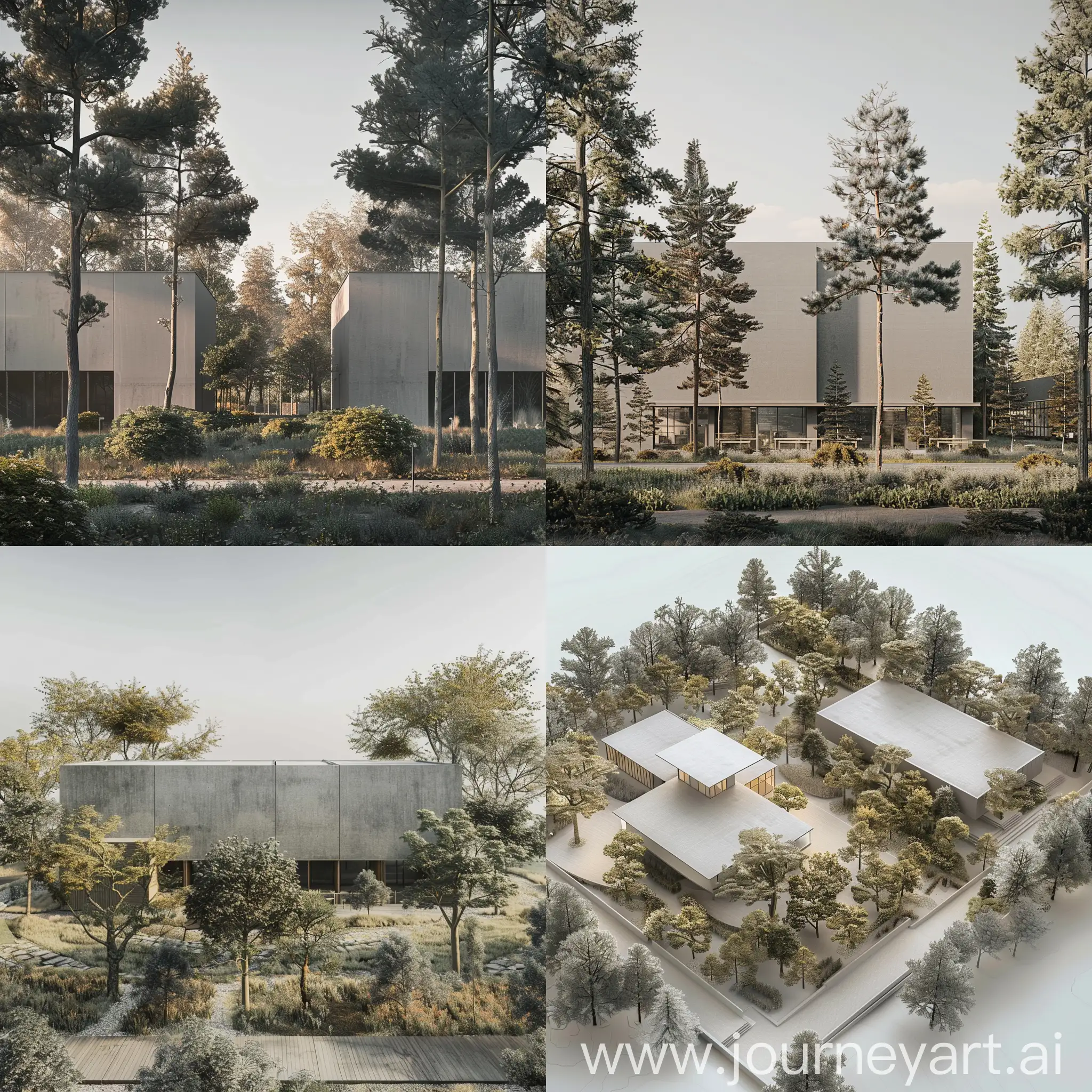 A two-storey plant research center in harmony with nature. Around the land are trees of different heights. The building is characterized by simple facades in gray. The project land is in a large garden.