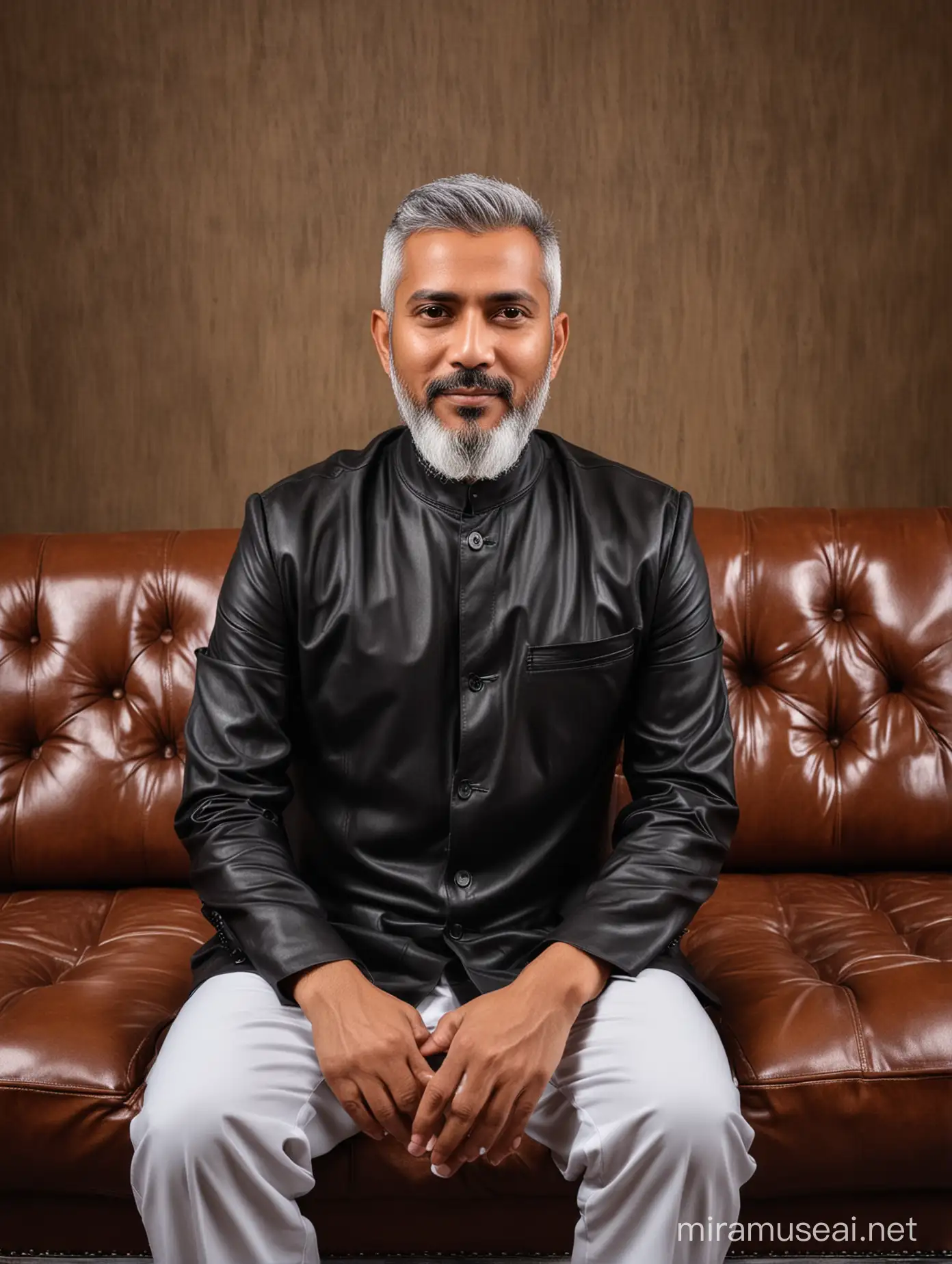 studio photo medium shot of an Indonesian-Arabic Muslim man 50 yo (crew cut hair, short white beard), wide angle, posing sitting with crossing leg on an elegant and luxurious leather sofa. Hands cupped in front of the chest, muslim attire.