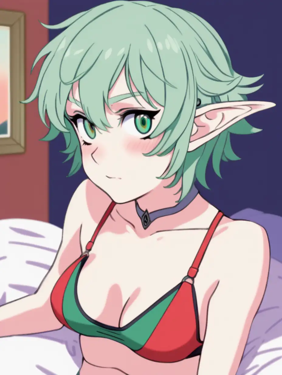 cute lofi anime elf ryuko, tight bra top, exposed midriff, short chin length green hair, relaxing in bedroom, posterized halftone