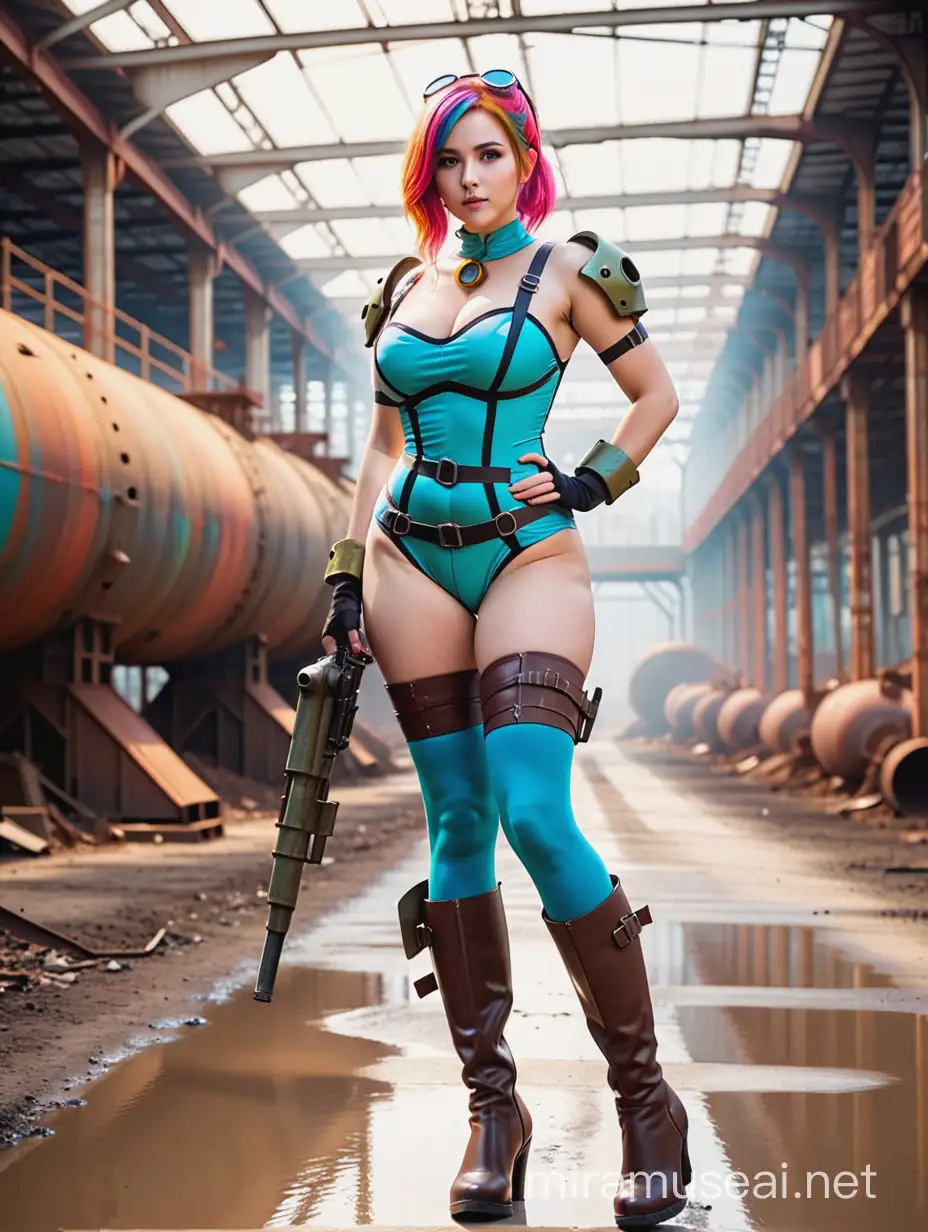 young woman in brightly colored Fallout cosplay costume, large perfect breasts, dynamic sexy pose, thigh-high boots, apocalyptic background, bokeh background