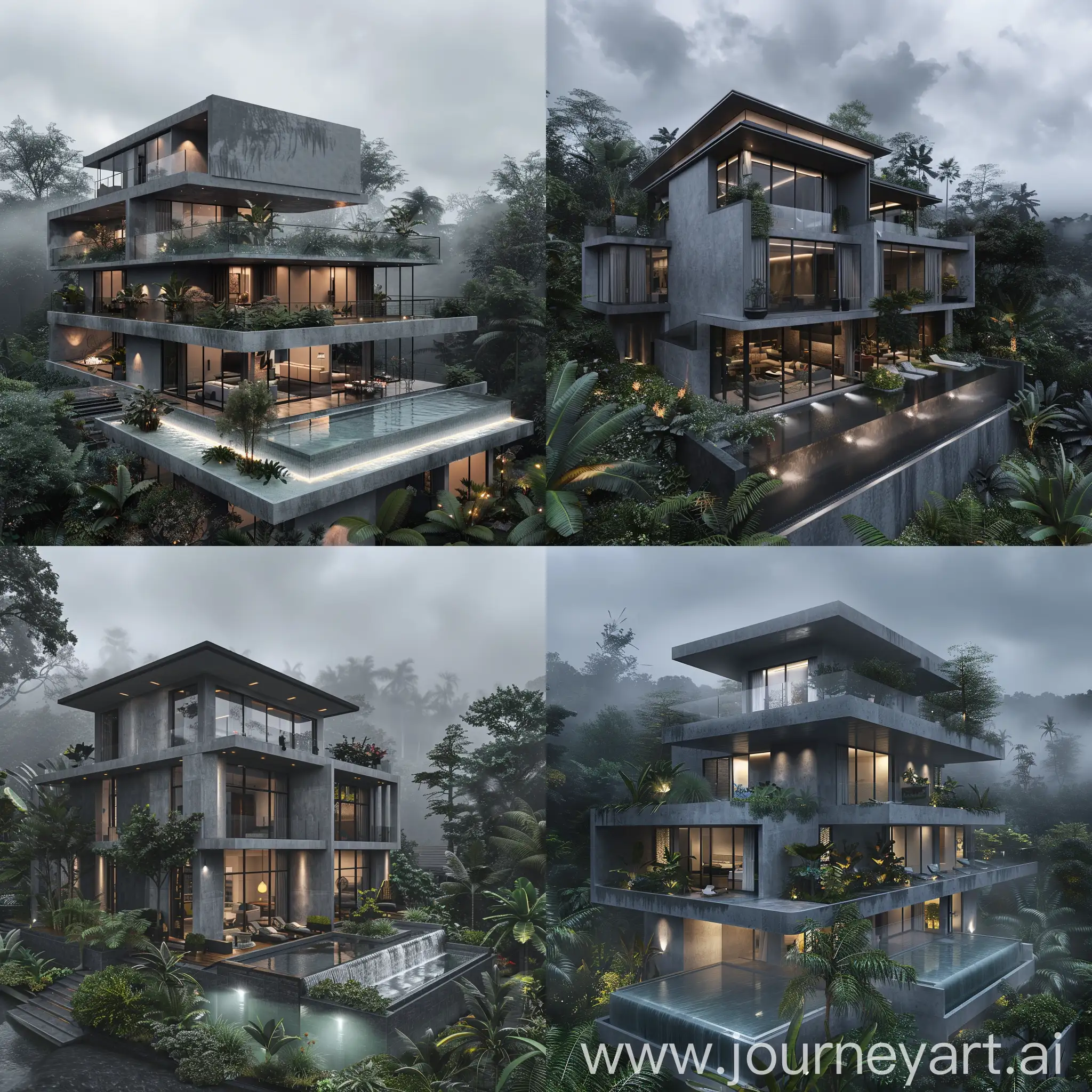 A three-story gray modern villa with an infinity glass pool, soft lighting, landscaping, in a tropical forest, cloudy weather.