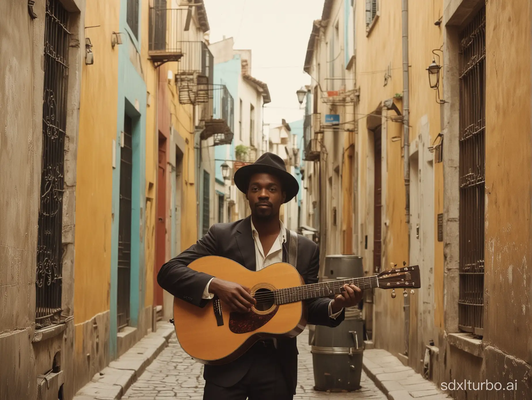 Retro-Musician-Ike-Willis-Performing-in-Charming-Portuguese-Alley-on-Vintage-Kodak-Film-Stock