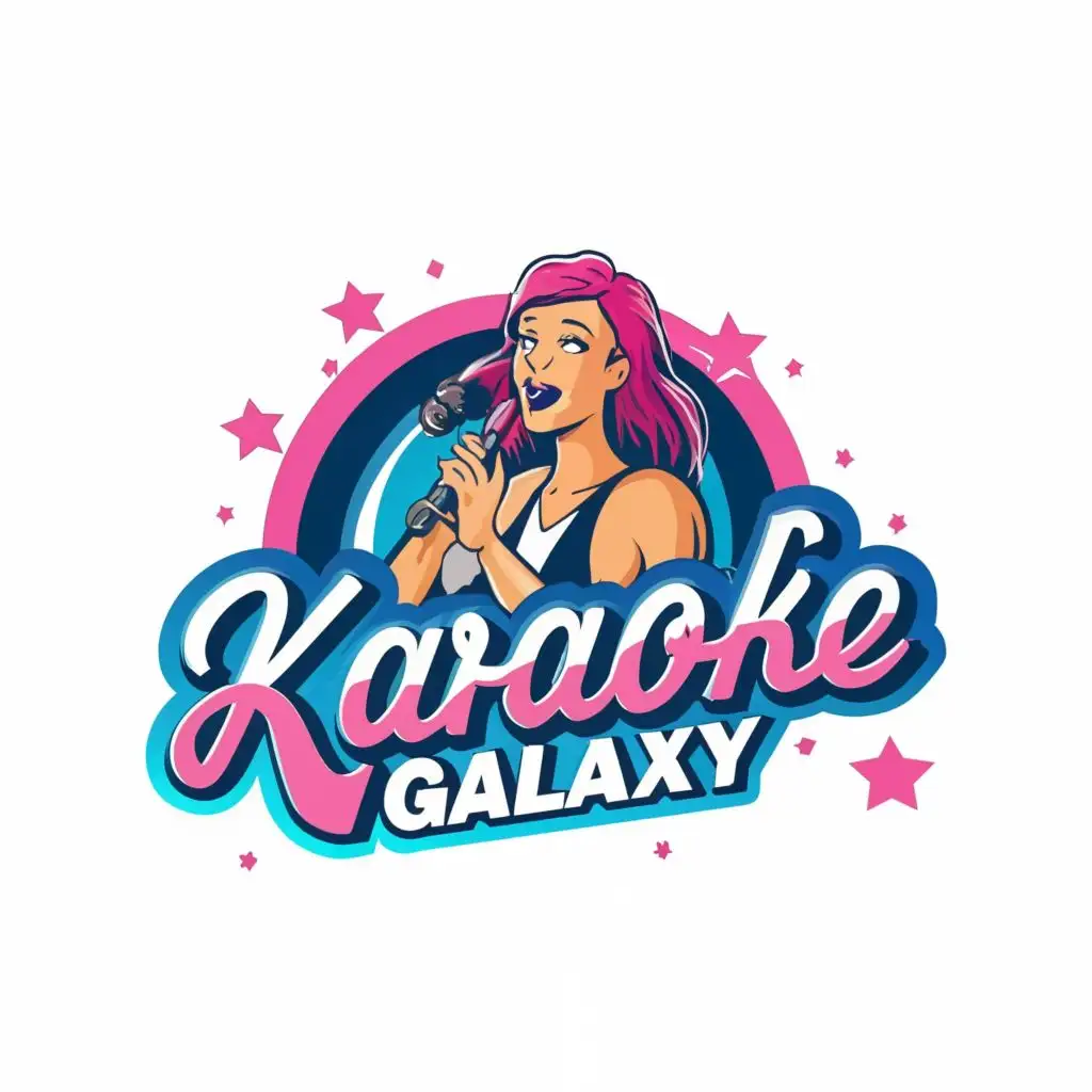 logo, Female singing into microphone, blue and pink, white background, with the text "Karaoke Galaxy", typography, be used in Entertainment industry