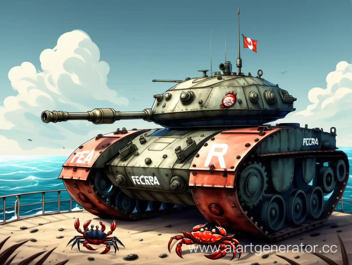 Нарисуй танк с надписью FECRA сбоку башни на фоне моря. На башне танка стоит крутой краб
