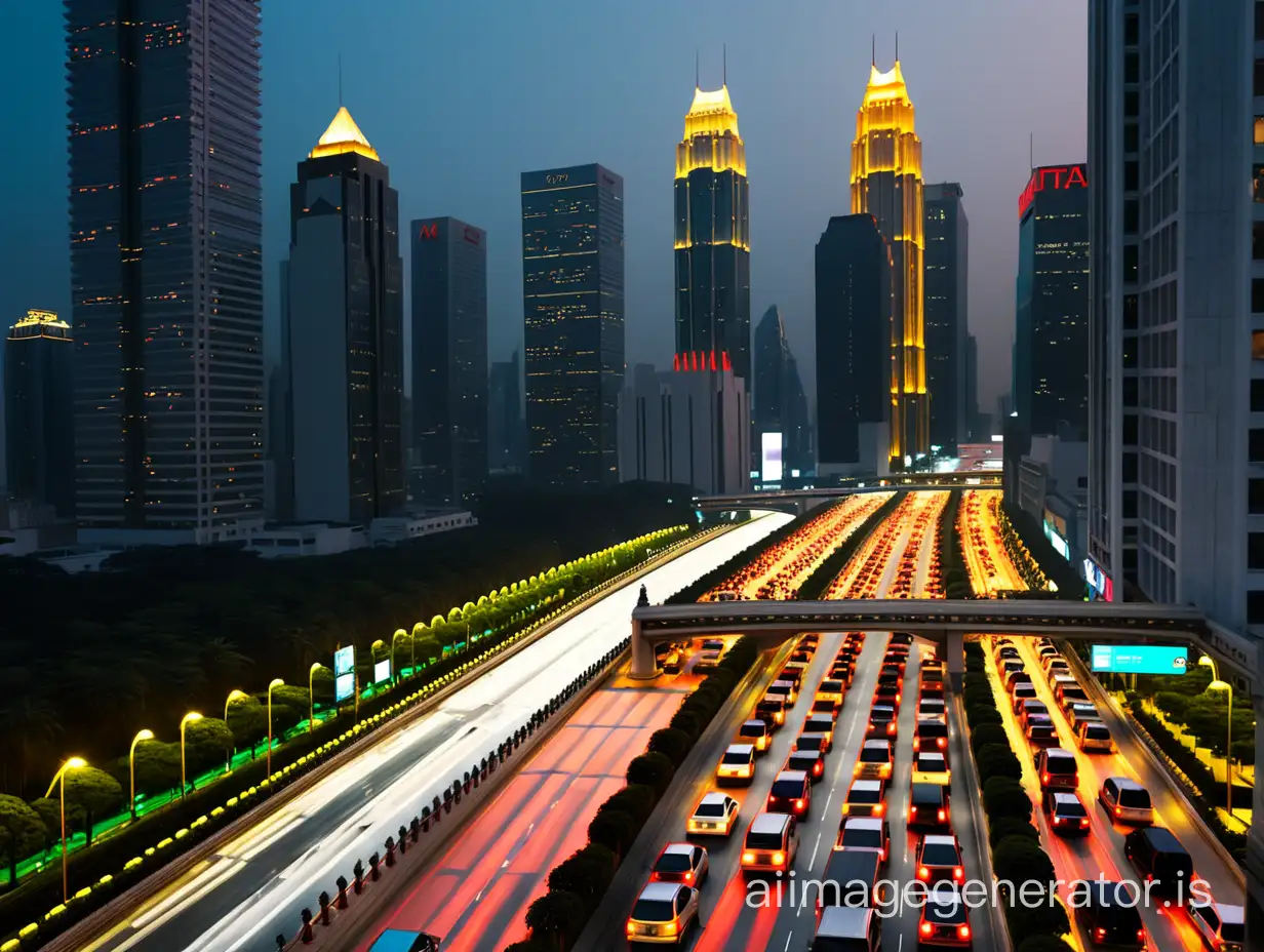 As night falls, the city's tall buildings are brightly lit and the traffic is heavy.