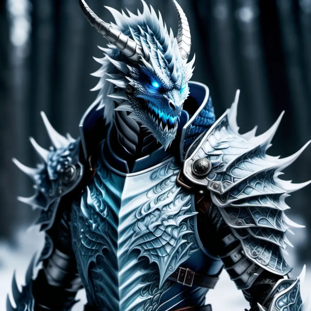 He has an icy demeanor with frosty patterns etched into his skin. Dressed in tactical dragon-themed armor, his eyes emanate a chilling aura. He wields a frost-infused blade with dragon motifs.