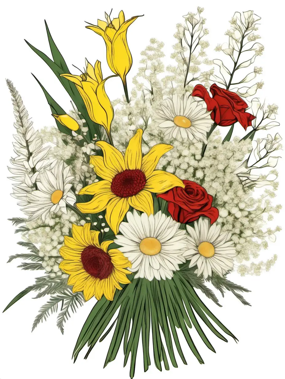 create a  Vincent van Gogh inspired bouquet of multiple white and yellow Honeysuckles with minimal  accents of Tulips, Daffodils, Red Roses, Gerbera daisies, carnations, baby breath, eucalyptus and ferns flowers with stem visible on white background, sketch