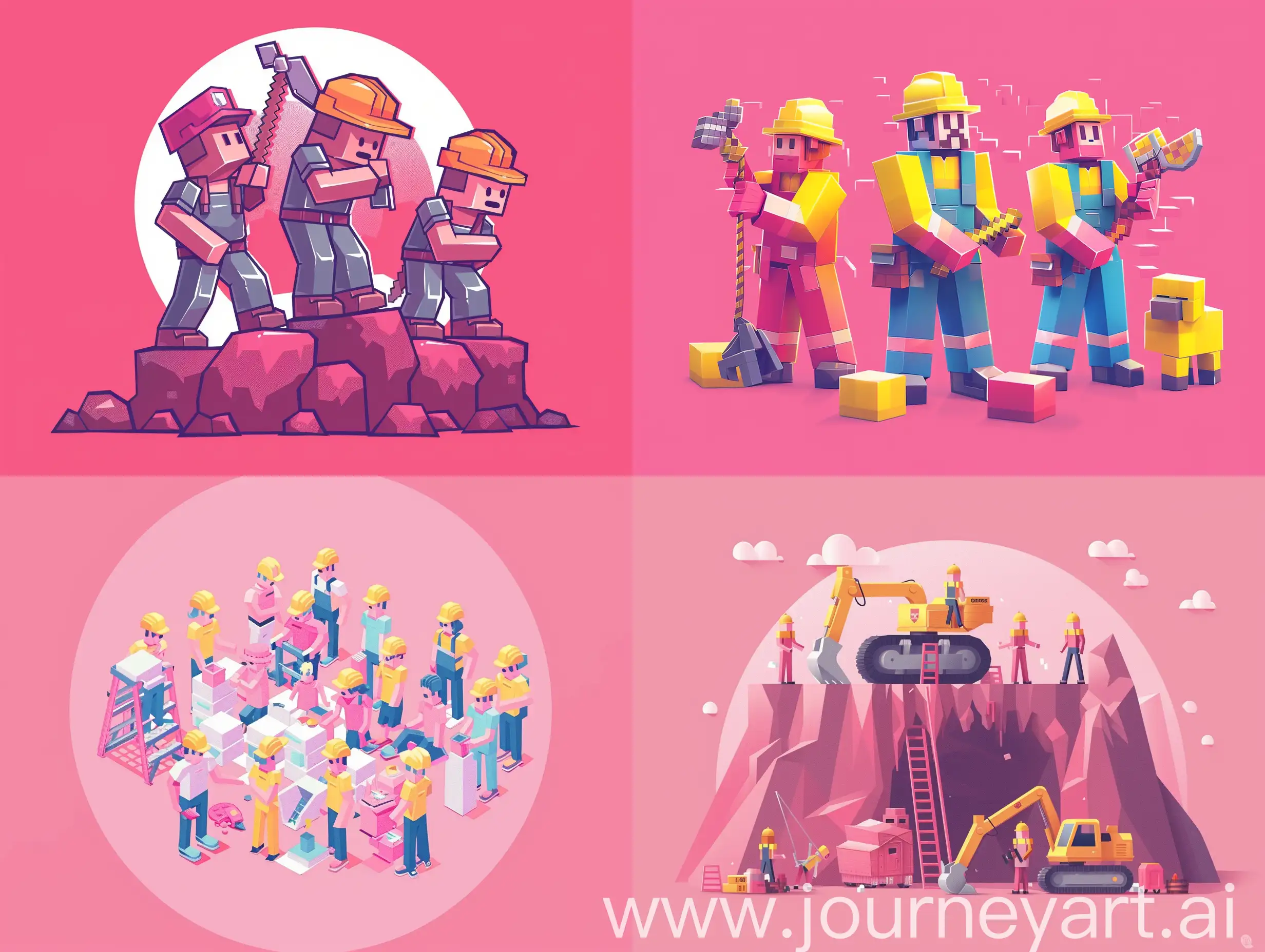  HD art. Theme of minecraft wallpaper. The background is pink pastel color, vector design, workers, dribbble illustration