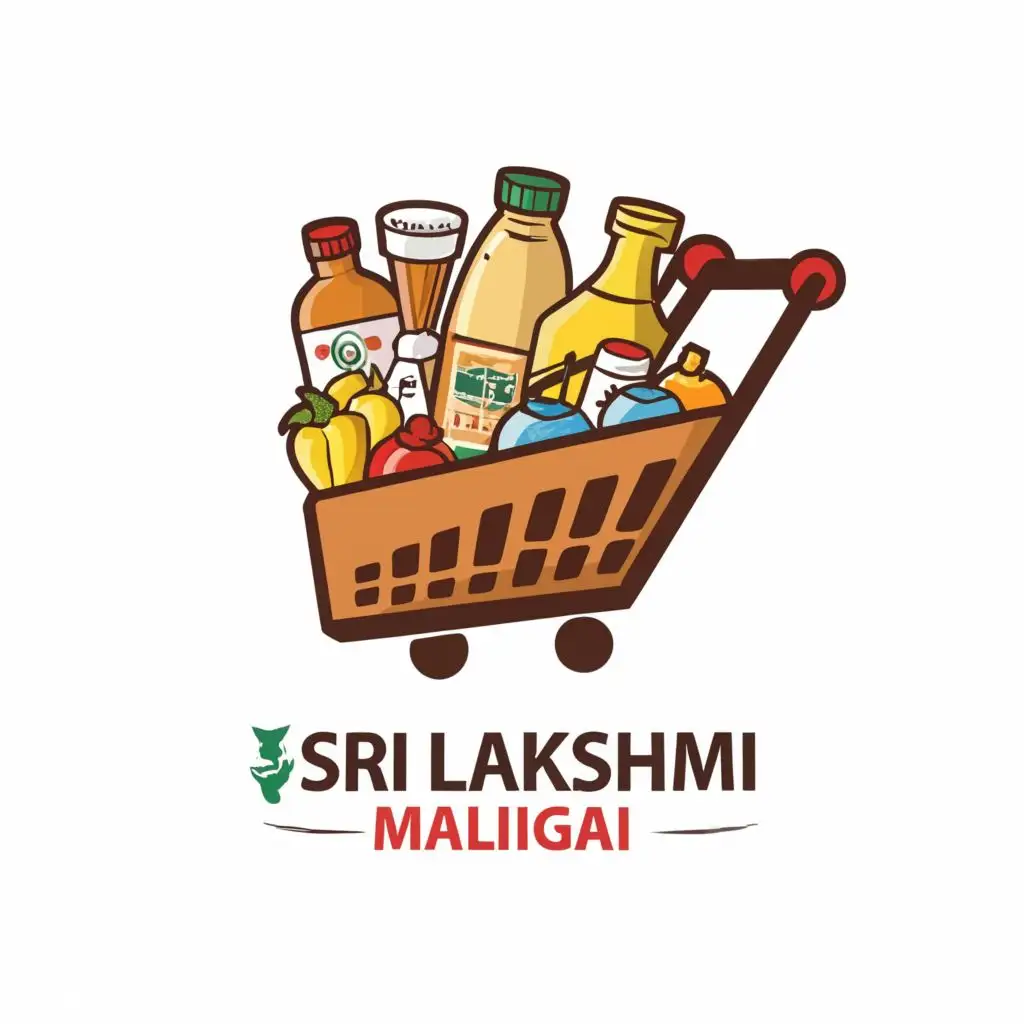 logo, grocery items like oil bottle, milk bottle, sauce bottle, biscuits, rice, ice cream outlined and filled in the form of a trolley, with the text "SRI LAKSHMI MALIGAI", typography
i don't want the trolley visible instead i want the items to form the shape of a trolley