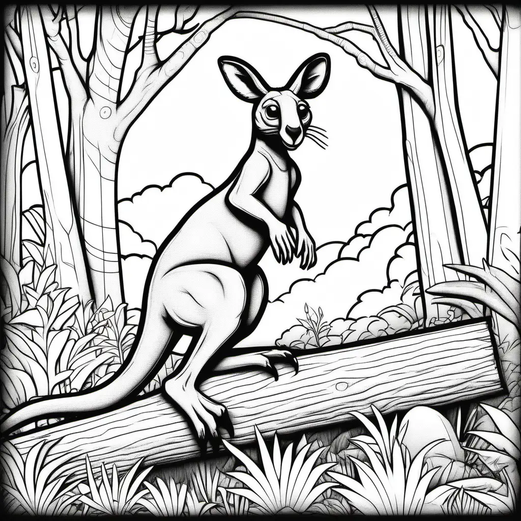 /imagine colouring page for kids, Kangaroo Rex balancing on a  trunk, Thick Lines, low details, NO SHADING --ar 9:11