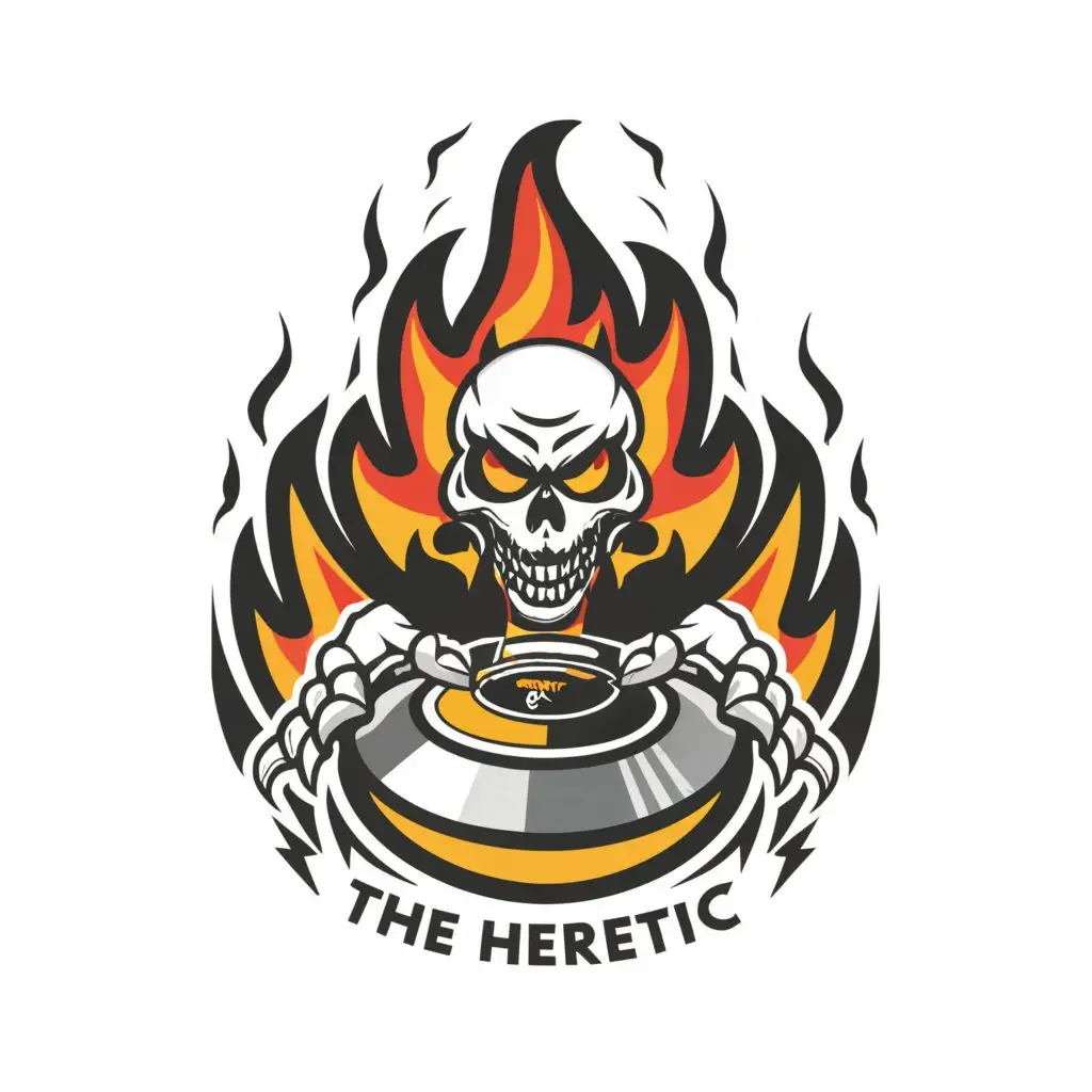 a logo design, with the text 'The heretic', main symbol: Logo Symbol: half turntable and half an angry grin skull with fire in its eyes, complex, to be used in Entertainment industry, black abstract background, stage lights
