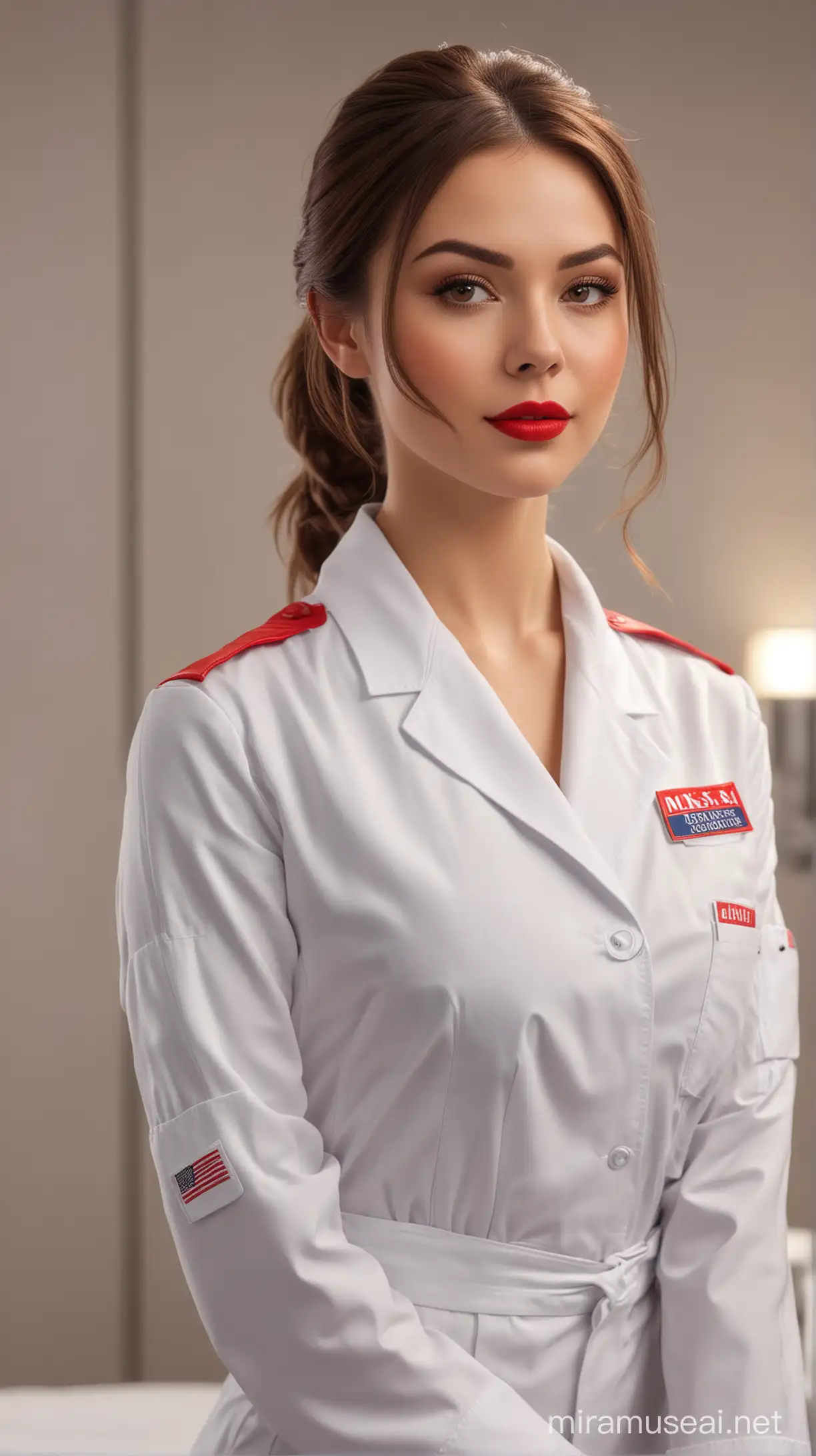 4k Ai art front view beautiful USA girl brown hair red lipstick ear tops beautician uniform in USA massage room
