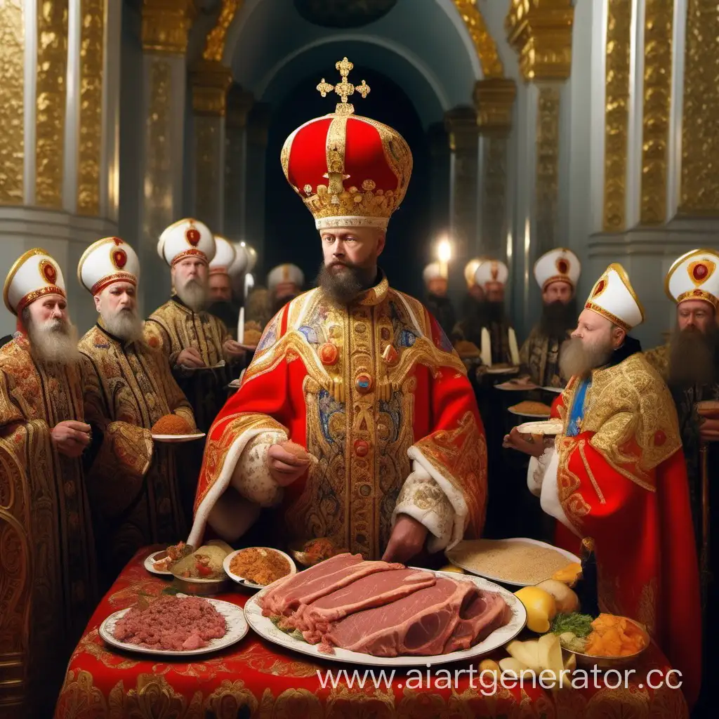 царь внутри русскорго собора поедает мчясо и пряности