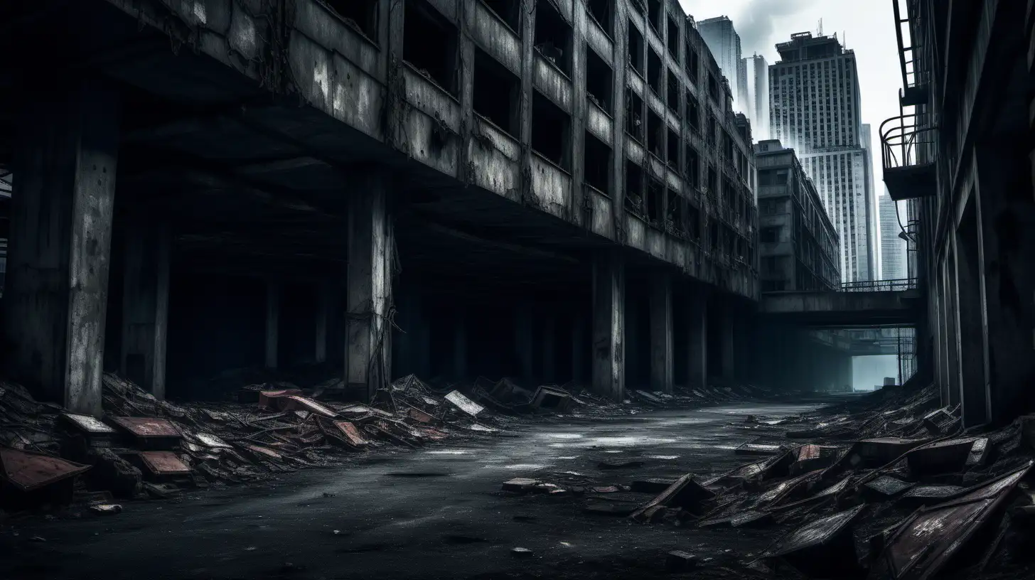 dark alley surrounded by high buildings, ruined city, underground garage ramp, post-apocalyptic sci-fi