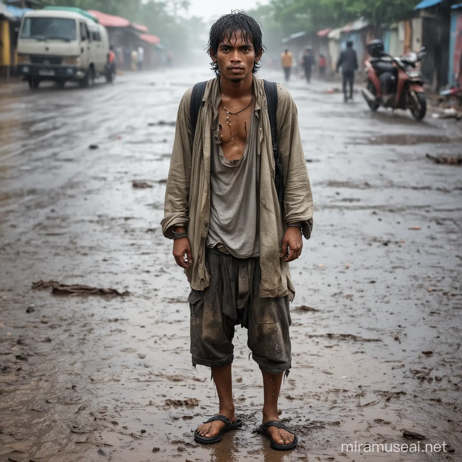 Young Indonesian Beggar Man in Torn Clothes Standing in Heavy Rain